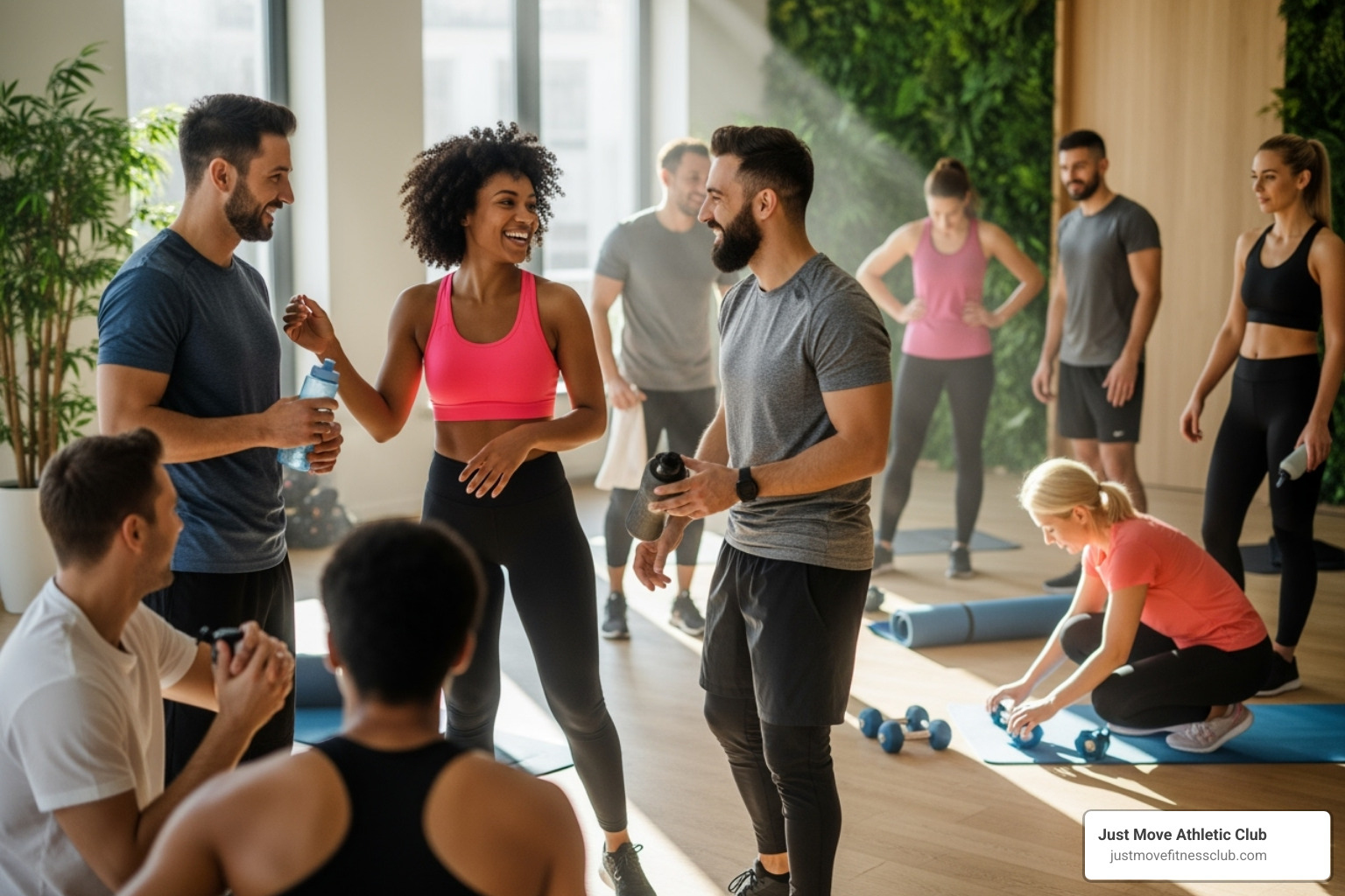 class participants chatting and laughing together after a class - group fitness classes