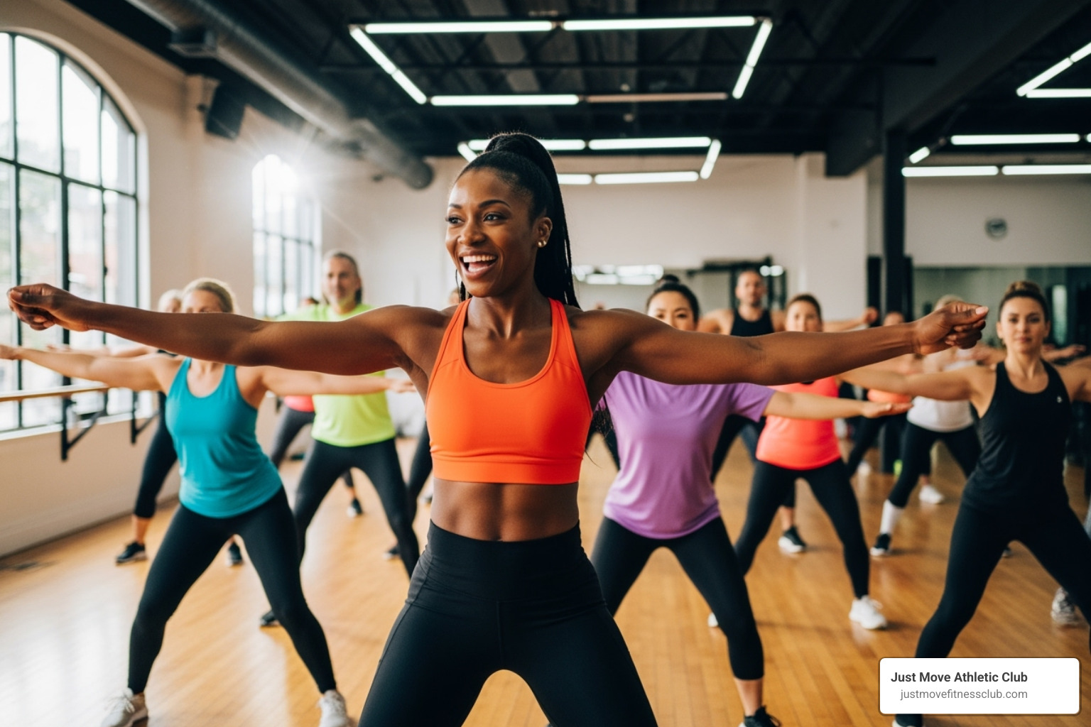 energetic instructor leading a smiling, engaged class - group fitness classes