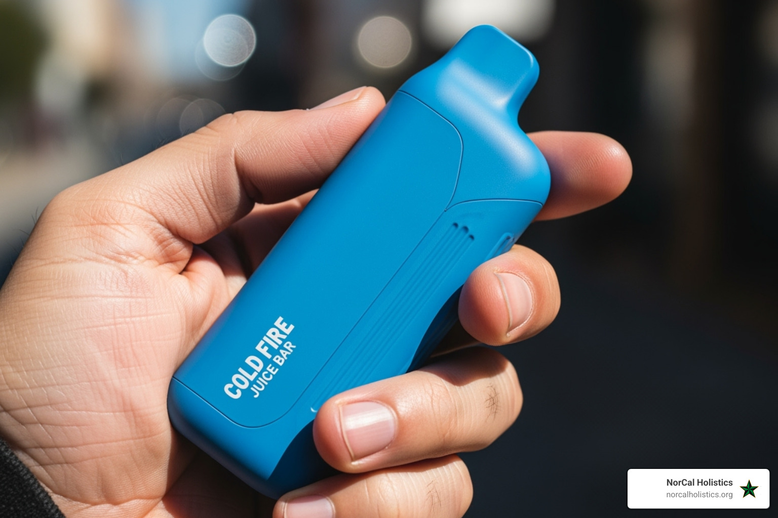 A person holding a sleek, modern Cold Fire Juice Bar, demonstrating its comfortable grip and portable design. - cold fire juice bar