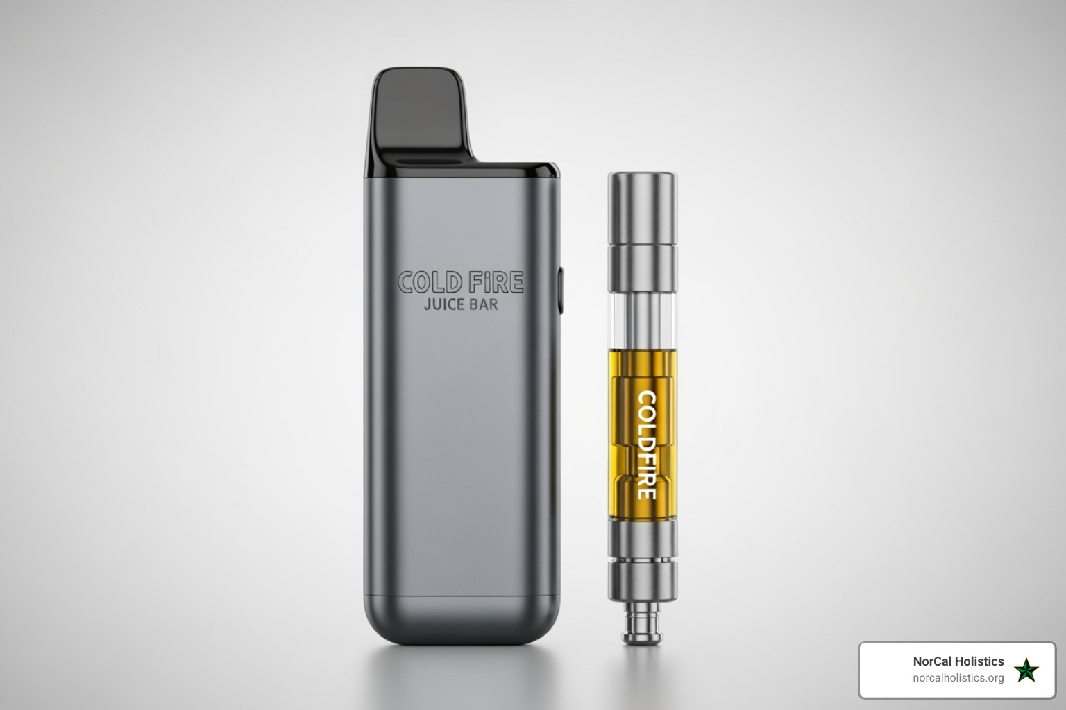 A Cold Fire Juice Bar disposable next to a standard ColdFire cartridge, illustrating the size and form factor differences between the two product types. - cold fire juice bar