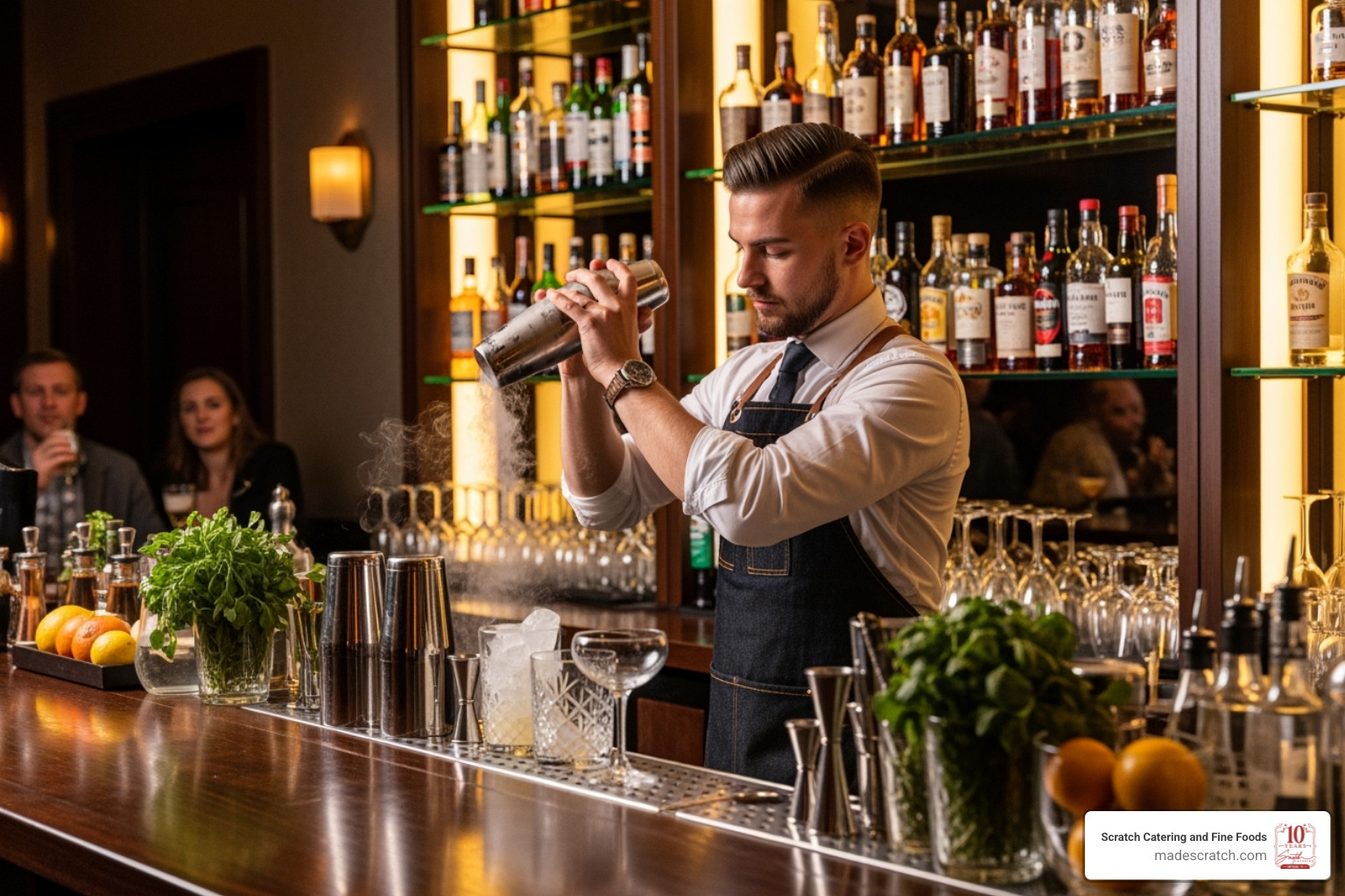 A stylish bar setup with a bartender crafting a signature cocktail - cocktail reception catering