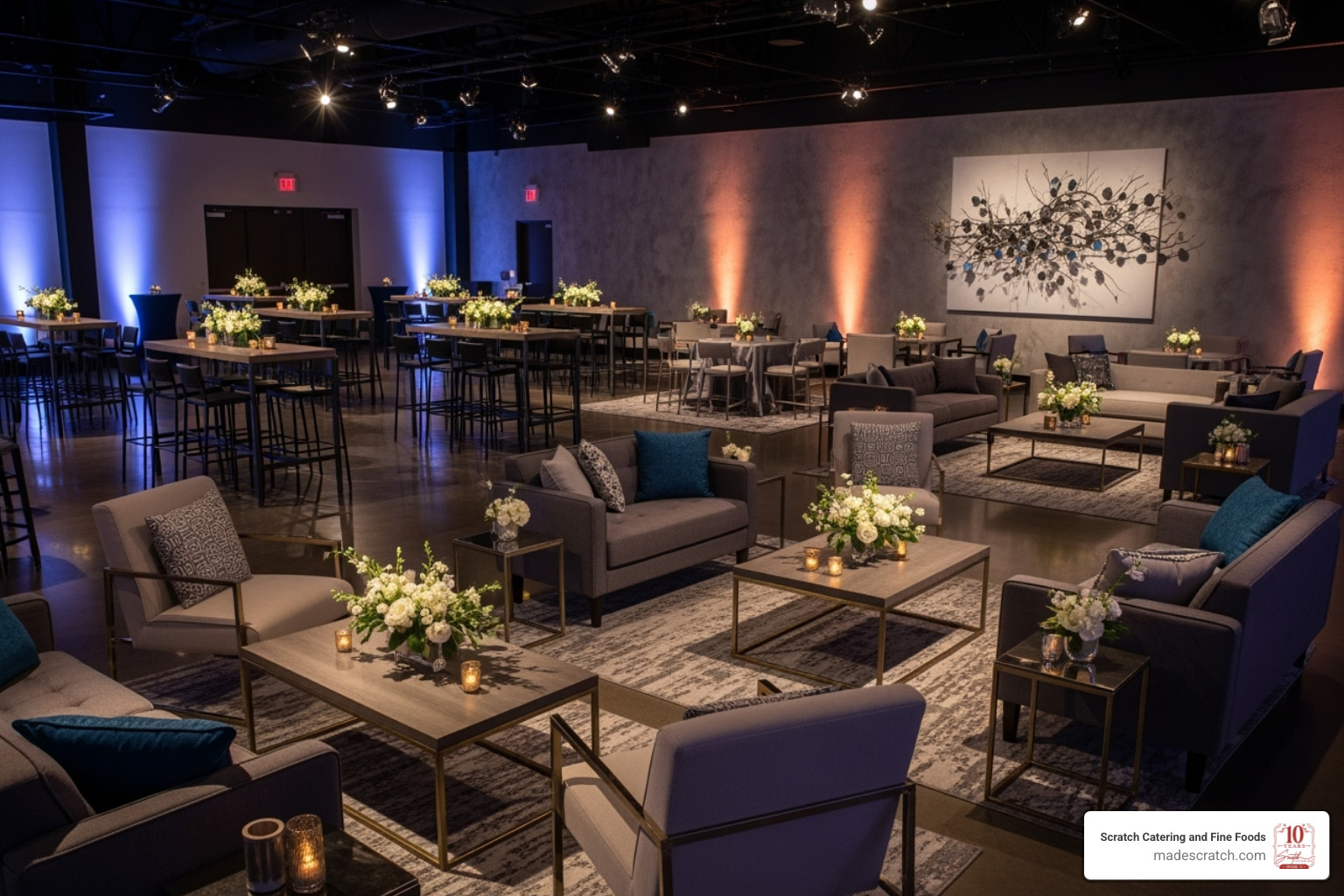 A stylishly arranged event space with high-top tables and comfortable lounge seating - cocktail reception catering