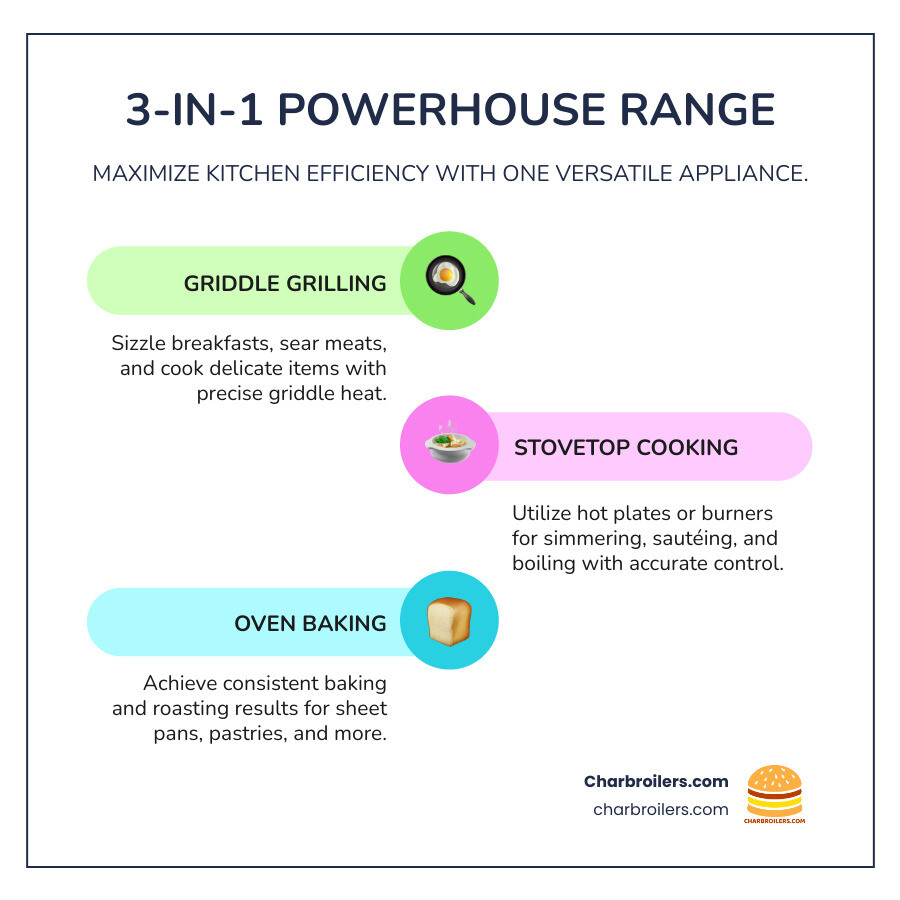 Infographic showing the 3-in-1 capability of a commercial electric oven with griddle: top section displays griddle surface cooking breakfast items like pancakes and bacon, middle section shows hot plates with pots and pans for stovetop cooking, and bottom section illustrates the oven compartment baking sheet pans of cookies and bread, all connected by arrows showing the workflow efficiency of using one appliance for multiple cooking methods - commercial electric oven with griddle infographic infographic-line-3-steps-colors