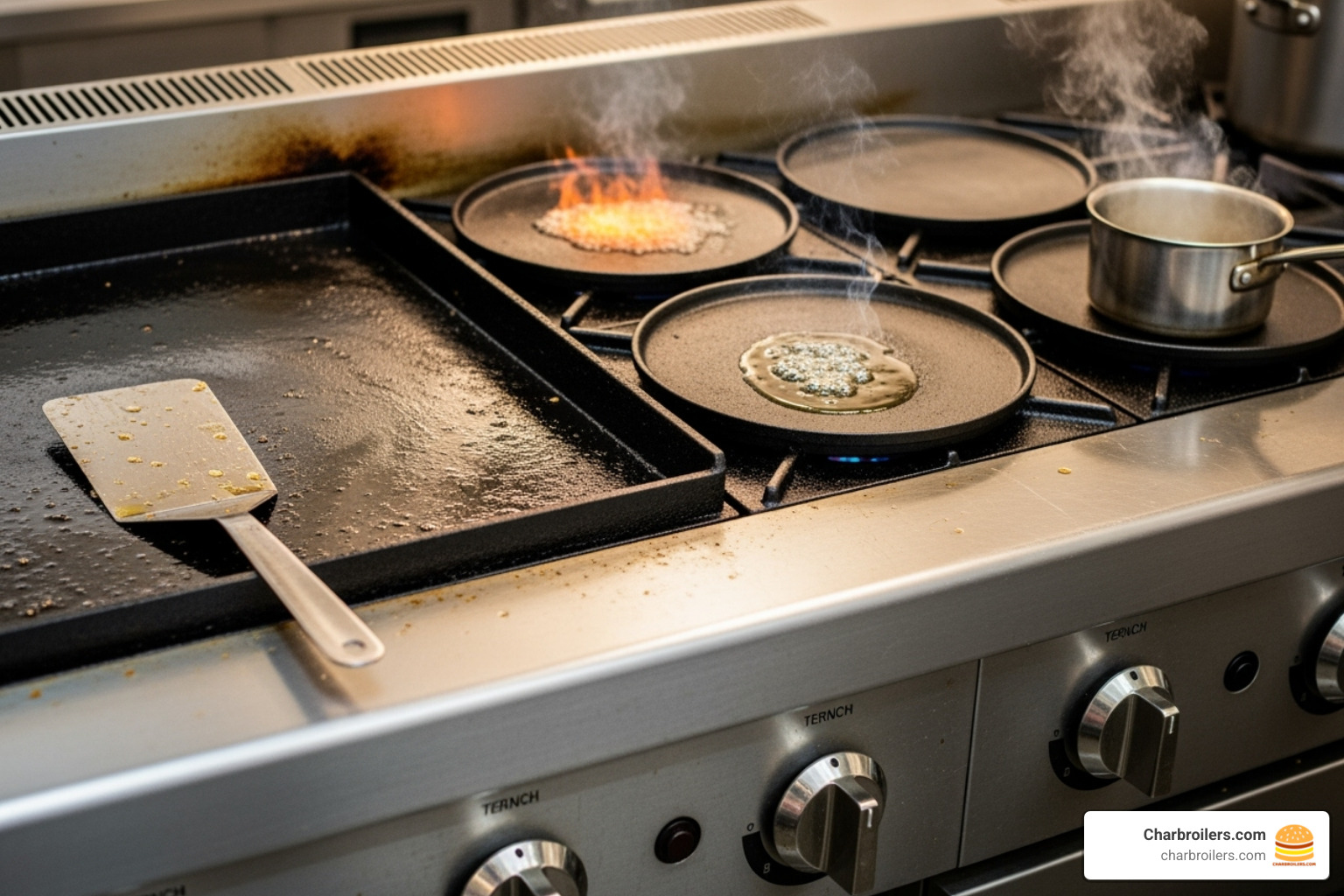close-up of a range top with both French plates and a griddle section - commercial electric oven with griddle