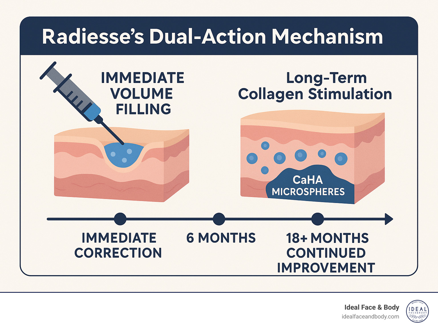 Infographic showing Radiesse's dual-action mechanism with immediate volume filling through gel carrier and long-term collagen stimulation through CaHA microspheres, including timeline of results from immediate correction to 18+ months of continued improvement - radiesse specials infographic 