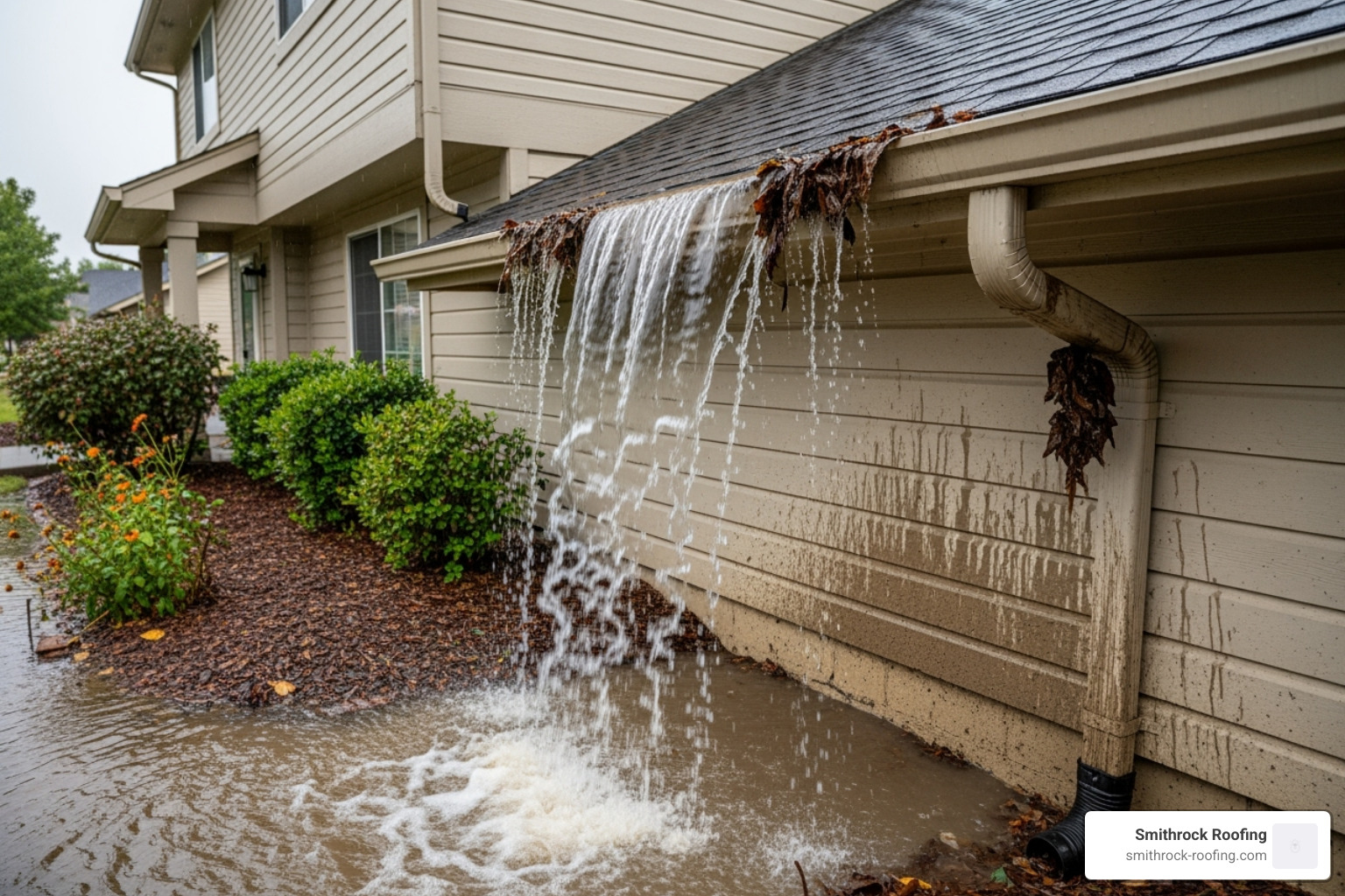 water overflowing from a clogged gutter near a home's foundation - gutter installation contractor