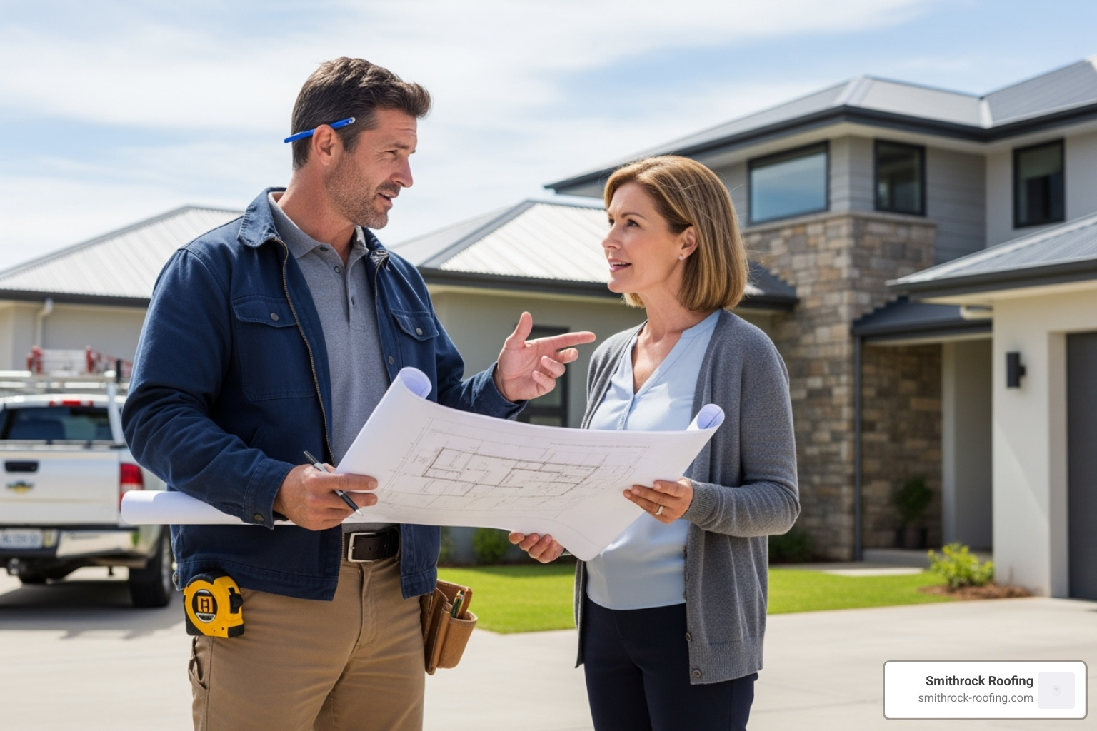 professional contractor discussing plans with a homeowner - gutter installation contractor