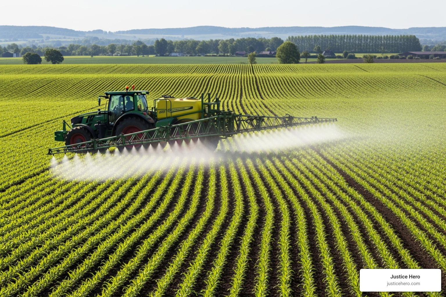 A farm field being sprayed with a tractor, illustrating widespread agricultural use of herbicides - roundup lawsuit timeline