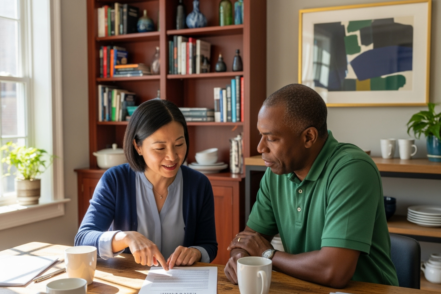 Two people having a friendly conversation over a lease agreement at a kitchen table - sublets in berkeley