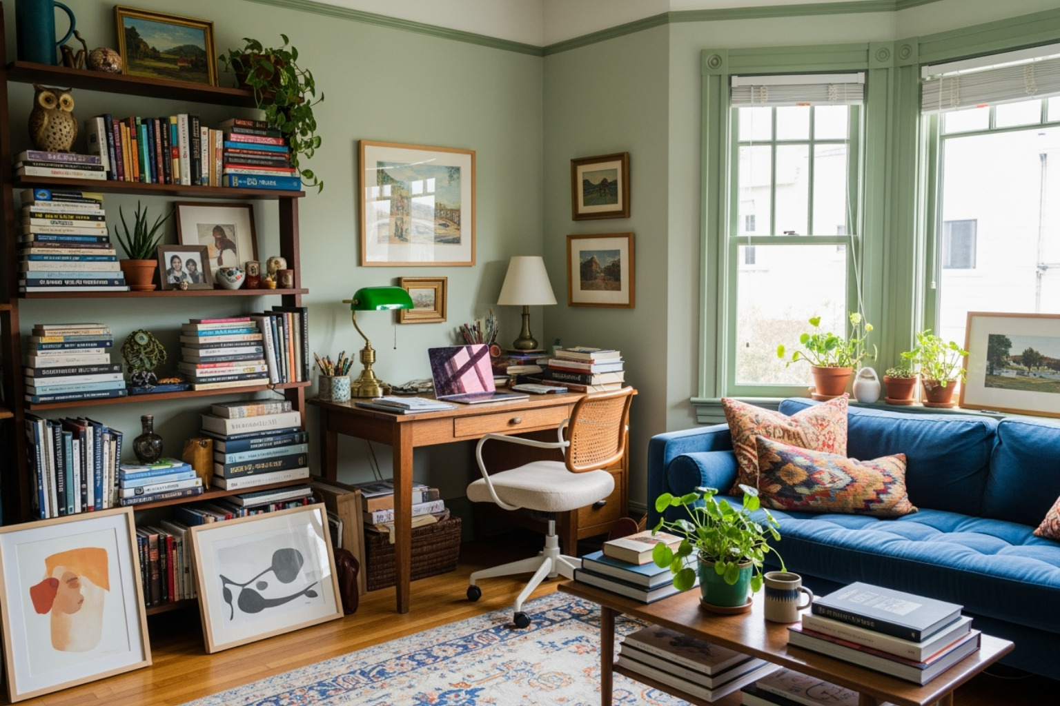 A well-appointed, furnished living room with a desk in a Berkeley home - sublets in berkeley