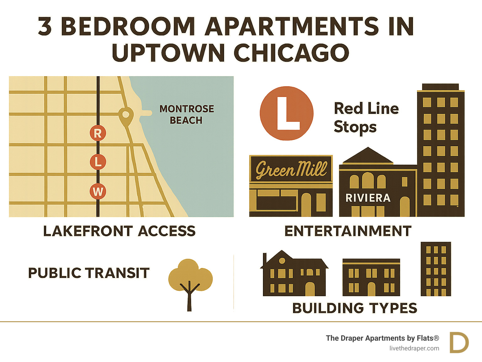 Infographic showing Uptown Chicago's key features for 3 bedroom apartment seekers: map highlighting Montrose Beach access, Red Line CTA stops at Wilson, Lawrence and Argyle, entertainment venues including Green Mill and Riviera Theatre, and building types from historic mansions to modern high-hises - 3 bedroom apartments uptown chicago infographic 