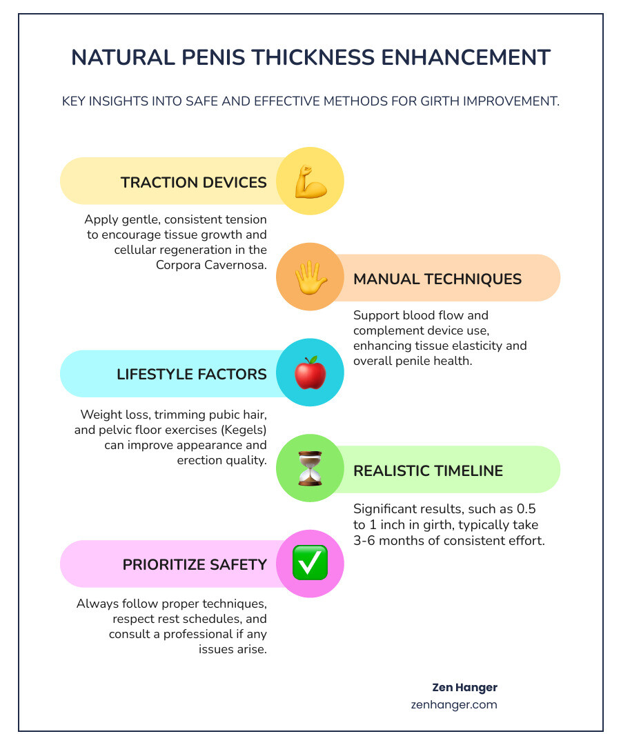 Detailed infographic showing the anatomy of penis thickness improvement, including cross-section of Corpora Cavernosa chambers, the process of cellular regeneration through controlled traction, timeline of natural tissue expansion over 3-6 months, and comparison of safe natural methods versus risky alternatives - Increase penis thickness naturally infographic infographic-line-5-steps-colors