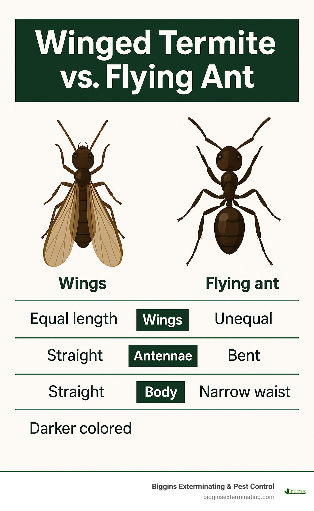 Infographic showing visual comparison between winged termites and flying ants, highlighting key differences: termite wings are equal length and straight antennae vs flying ant wings are unequal with bent antennae, termite body is straight vs ant body has narrow waist, and termite swarmers are darker colored - exterminator for termites infographic 