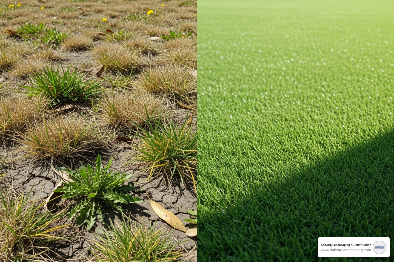 A split-screen image showing a dry, patchy natural lawn on one side and a perfect, vibrant artificial lawn on the other, highlighting the stark contrast in appearance and maintenance - turf grass installation cost
