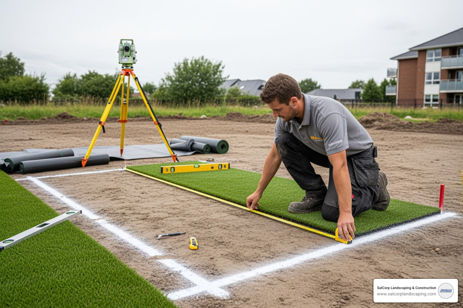 A professional measuring an area for turf installation, demonstrating precision and attention to detail - turf grass installation cost