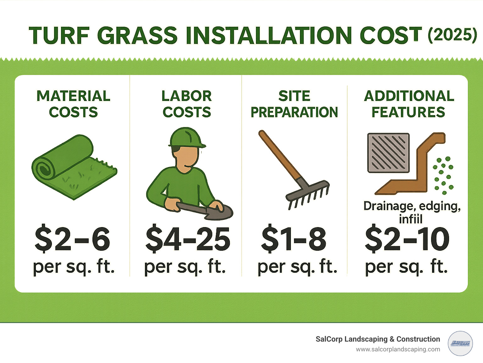 Infographic showing the main cost factors for turf grass installation: material costs ranging from $2-6 per square foot, labor costs from $4-25 per square foot, site preparation costs from $1-8 per square foot, and additional features like drainage systems, edging, and infill that can add $2-10 per square foot to total project costs - turf grass installation cost infographic 