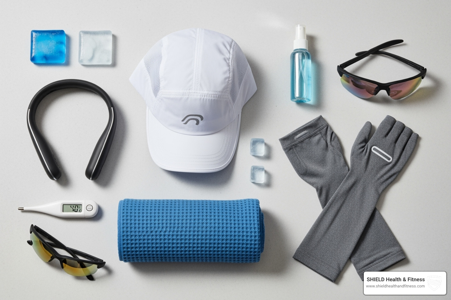Image of a flat lay of various cooling products including a hat, neck fan, cooling towel, and arm sleeves - cooling products for runners Image of a flat lay of various cooling products including a hat, neck fan, cooling towel, and arm sleeves - cooling products for runners