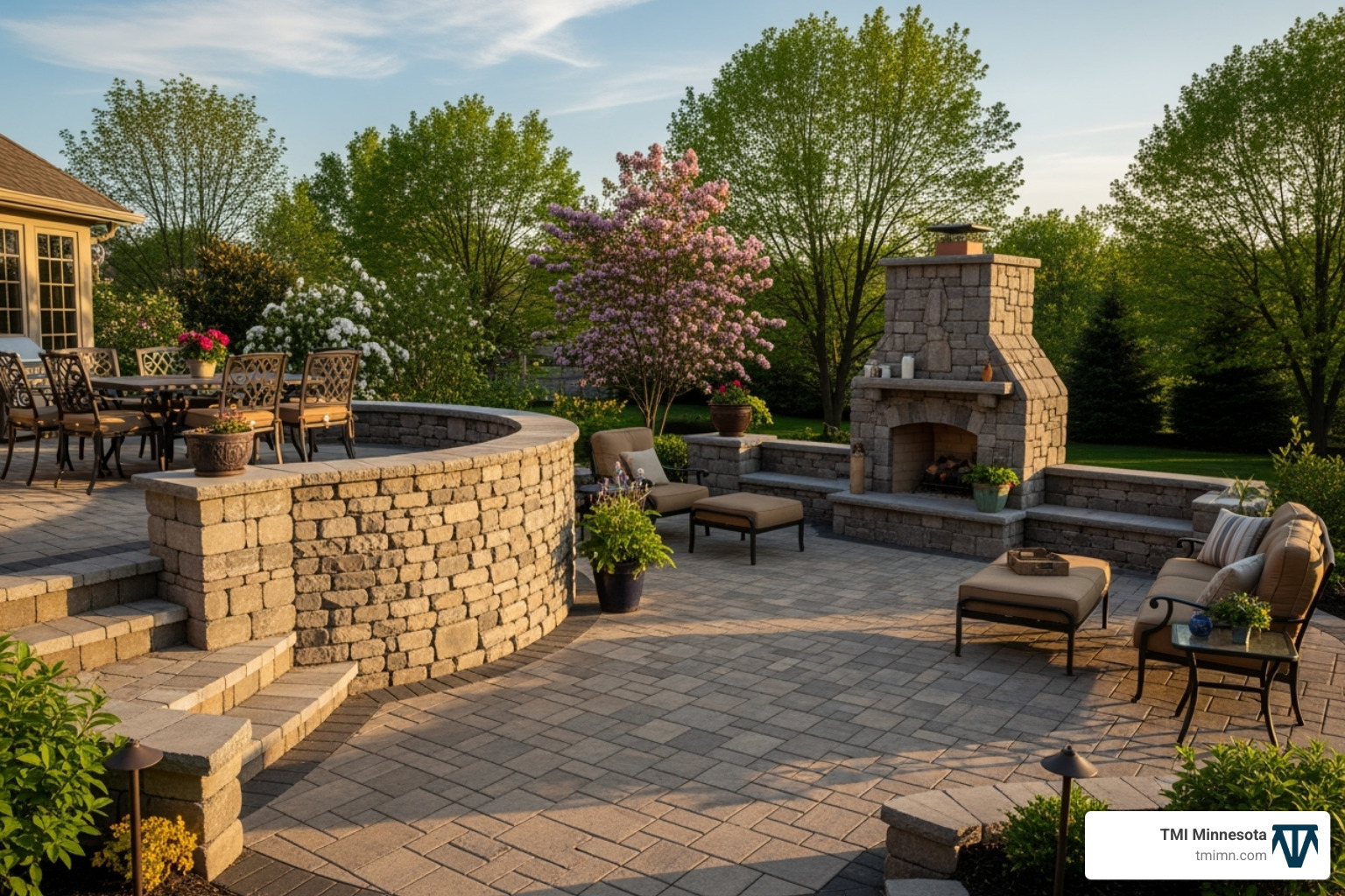 A detailed hardscape project featuring a multi-level paver patio, retaining wall, and outdoor fireplace - landscape and hardscape
