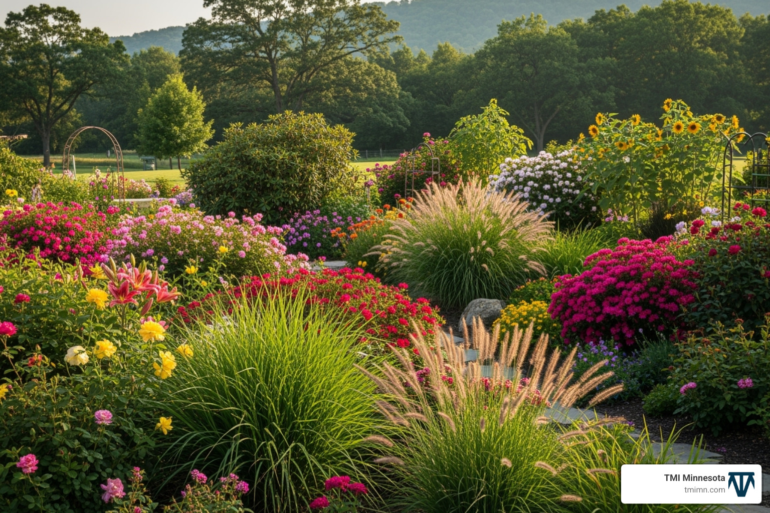 A vibrant garden with a variety of flowers, shrubs, and ornamental grasses - landscape and hardscape
