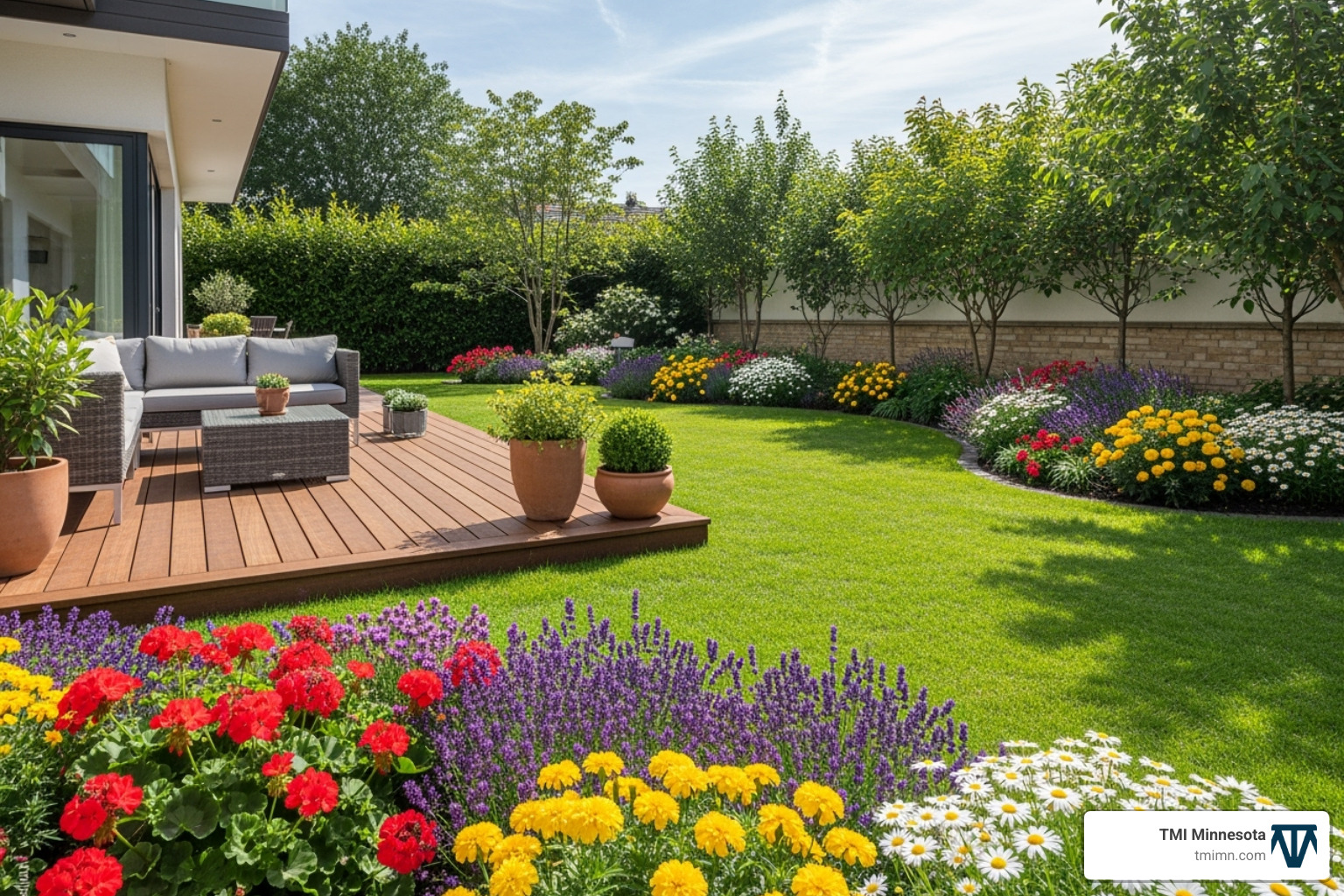 A perfectly balanced yard showing a wooden deck that transitions smoothly into a green lawn bordered by flower beds - landscape and hardscape
