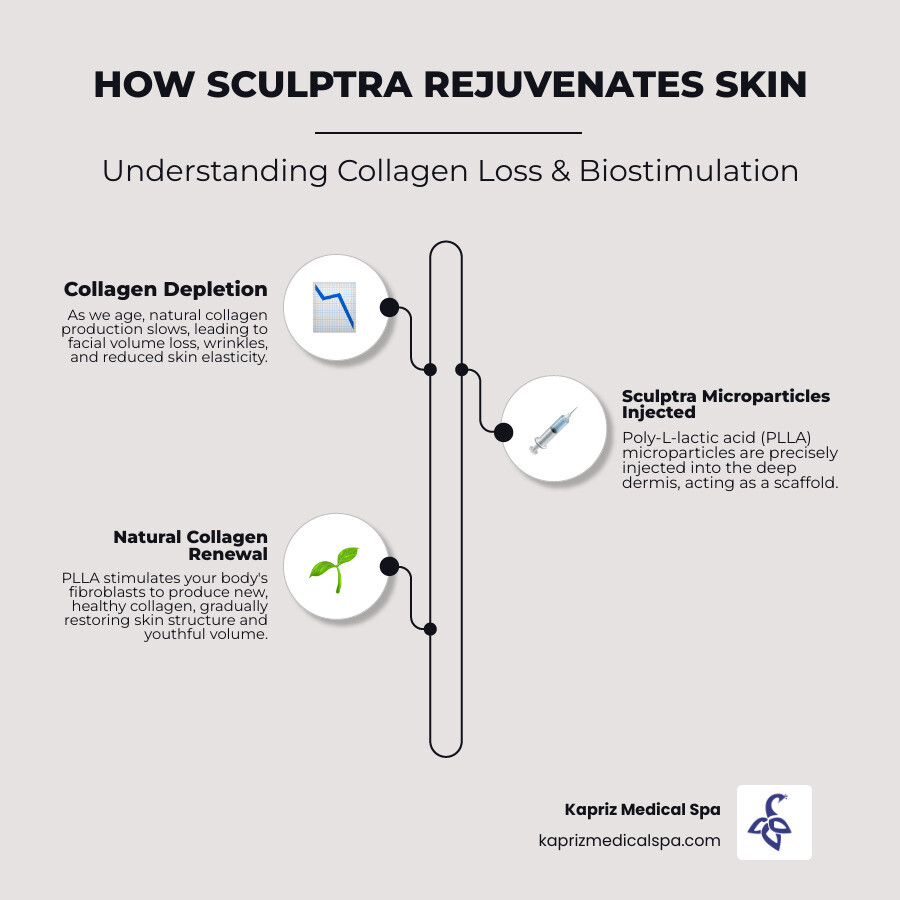 infographic showing the aging process with collagen loss over time and how Sculptra's poly-L-lactic acid stimulates fibroblast activity to rebuild collagen structure, comparing normal skin aging versus skin treated with collagen stimulators - sculptra dermal filler infographic infographic-line-3-steps-neat_beige infographic showing the aging process with collagen loss over time and how Sculptra's poly-L-lactic acid stimulates fibroblast activity to rebuild collagen structure, comparing normal skin aging versus skin treated with collagen stimulators - sculptra dermal filler infographic infographic-line-3-steps-neat_beige