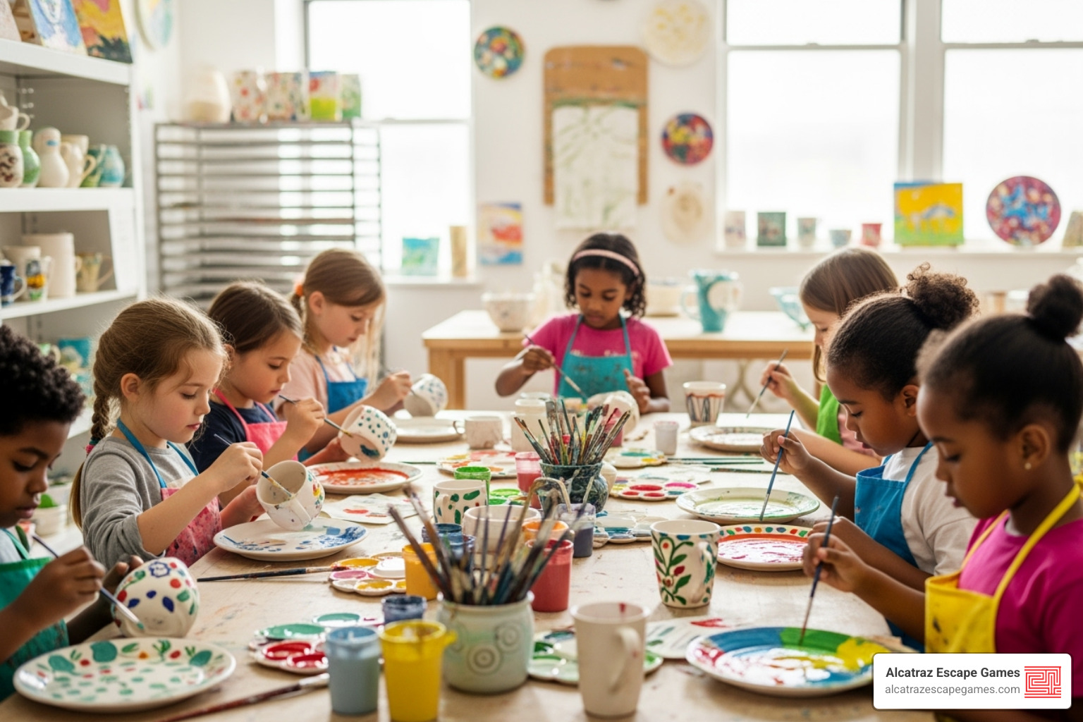 children painting ceramics at an art party - unique birthday party venues