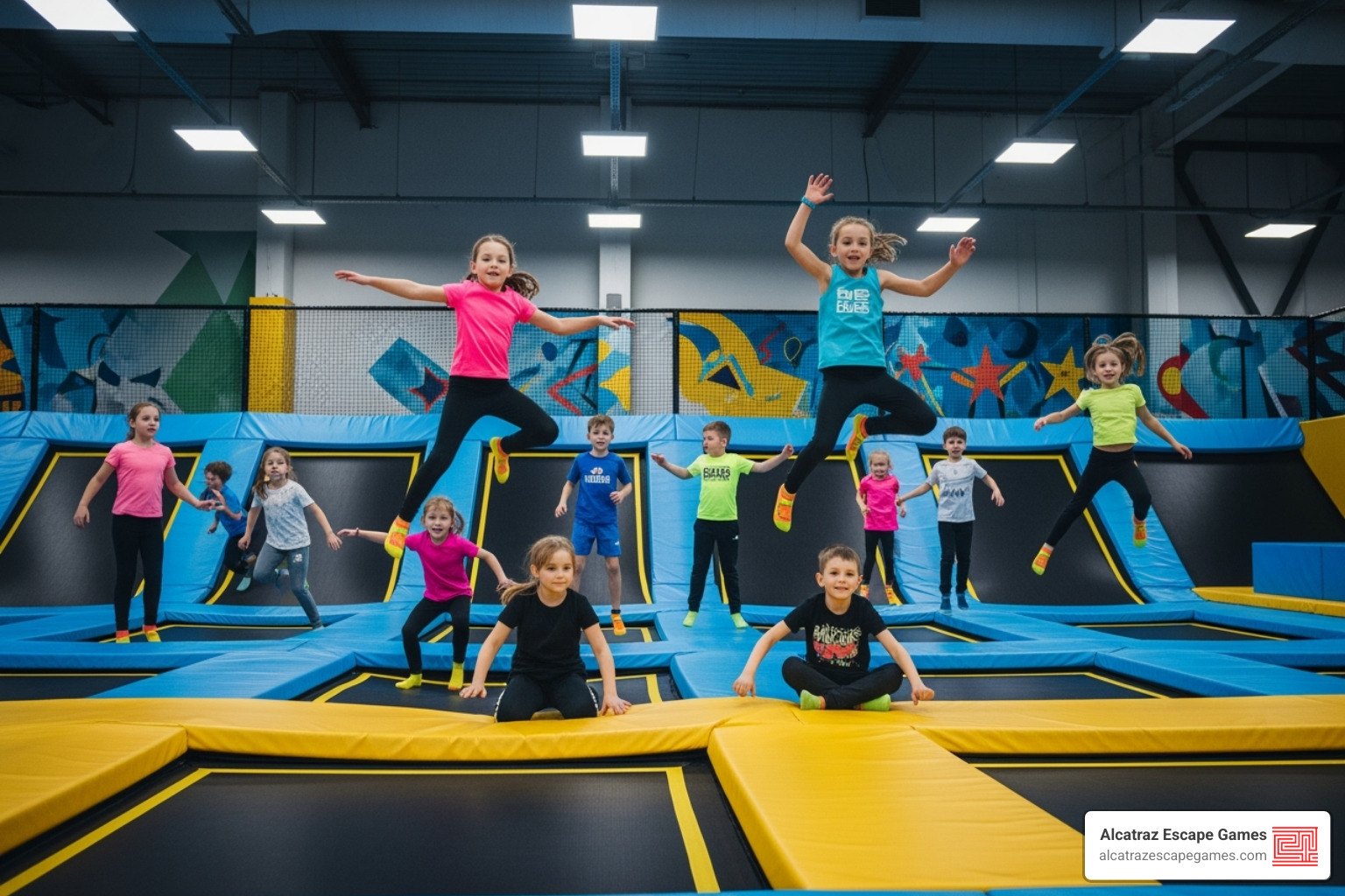 kids joyfully jumping in a trampoline park - unique birthday party venues