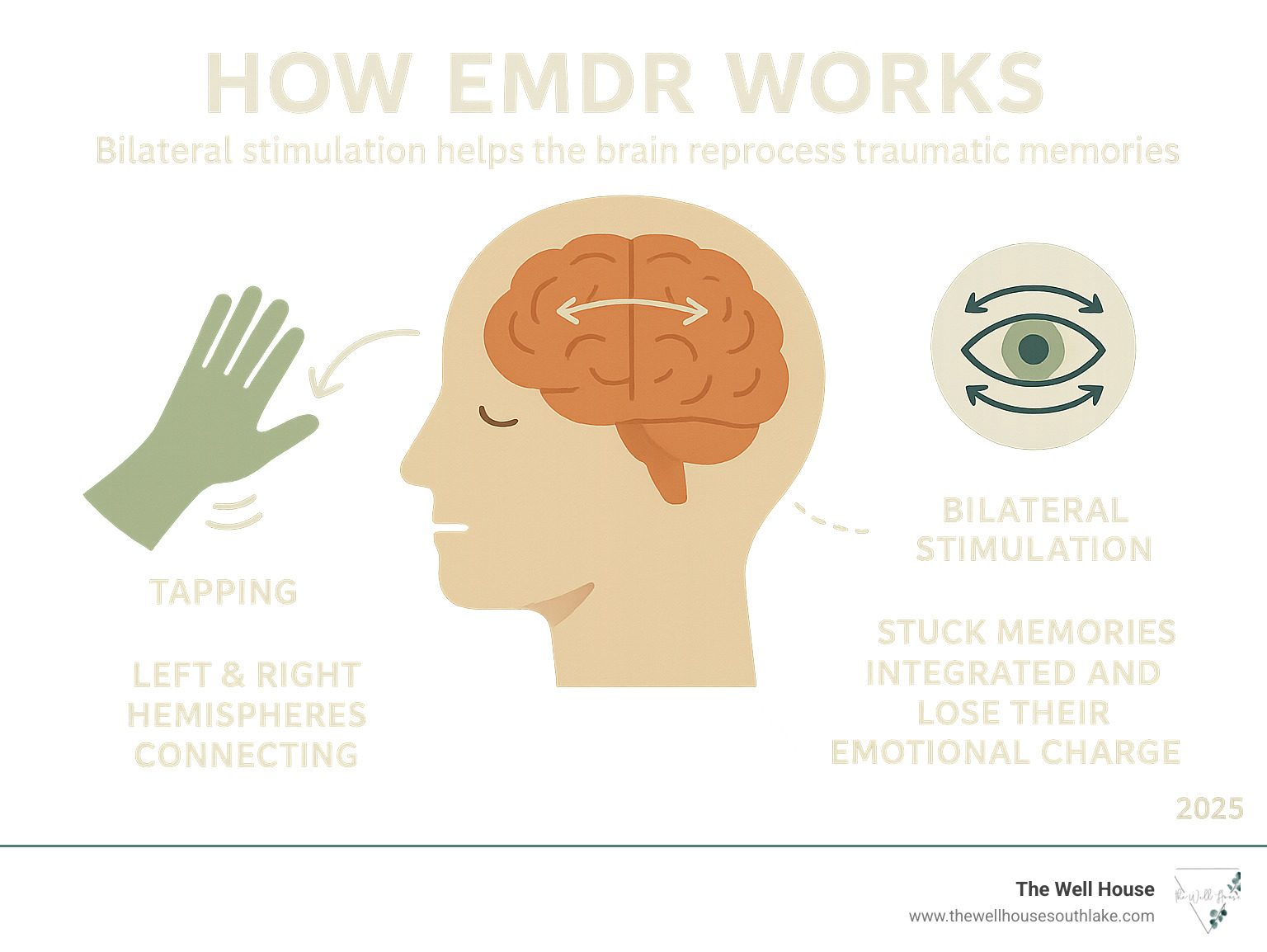 Infographic showing how EMDR works: bilateral stimulation through eye movements or tapping helps the brain reprocess traumatic memories by connecting left and right brain hemispheres, allowing stuck memories to be integrated and lose their emotional charge - emdr therapy southlake infographic 