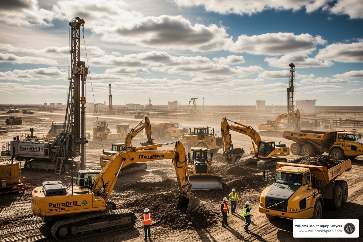 A multi-company worksite with different logos on trucks and equipment - Austin oilfield injury lawyer