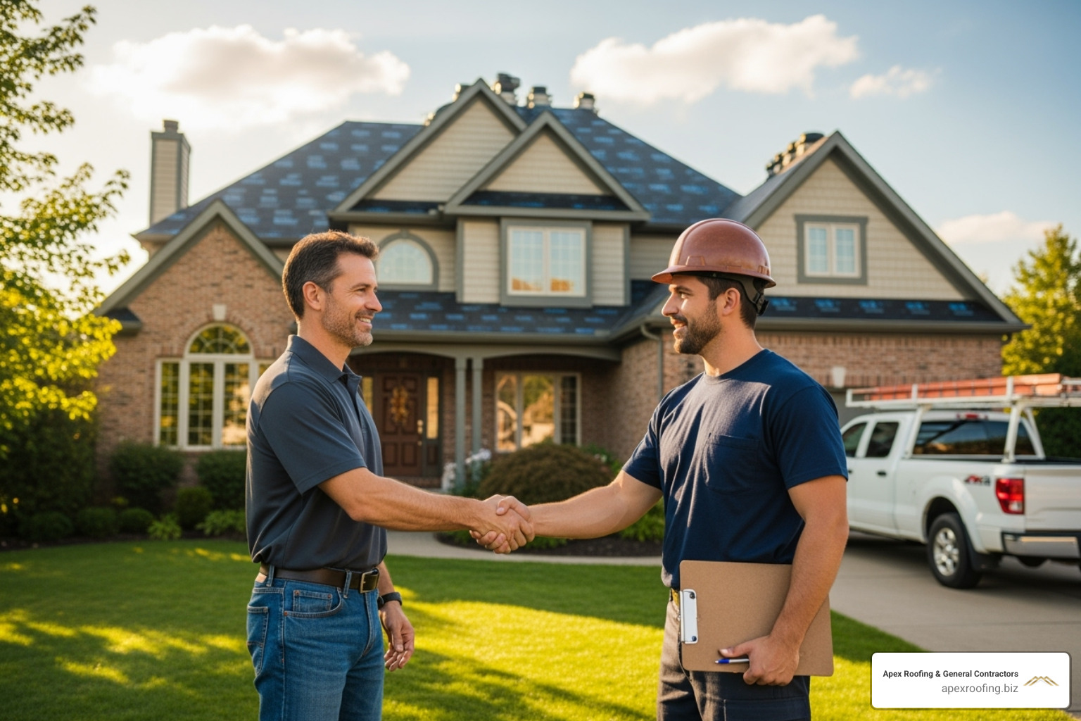 A homeowner shaking hands with a professional roofer - residential roofing company san antonio