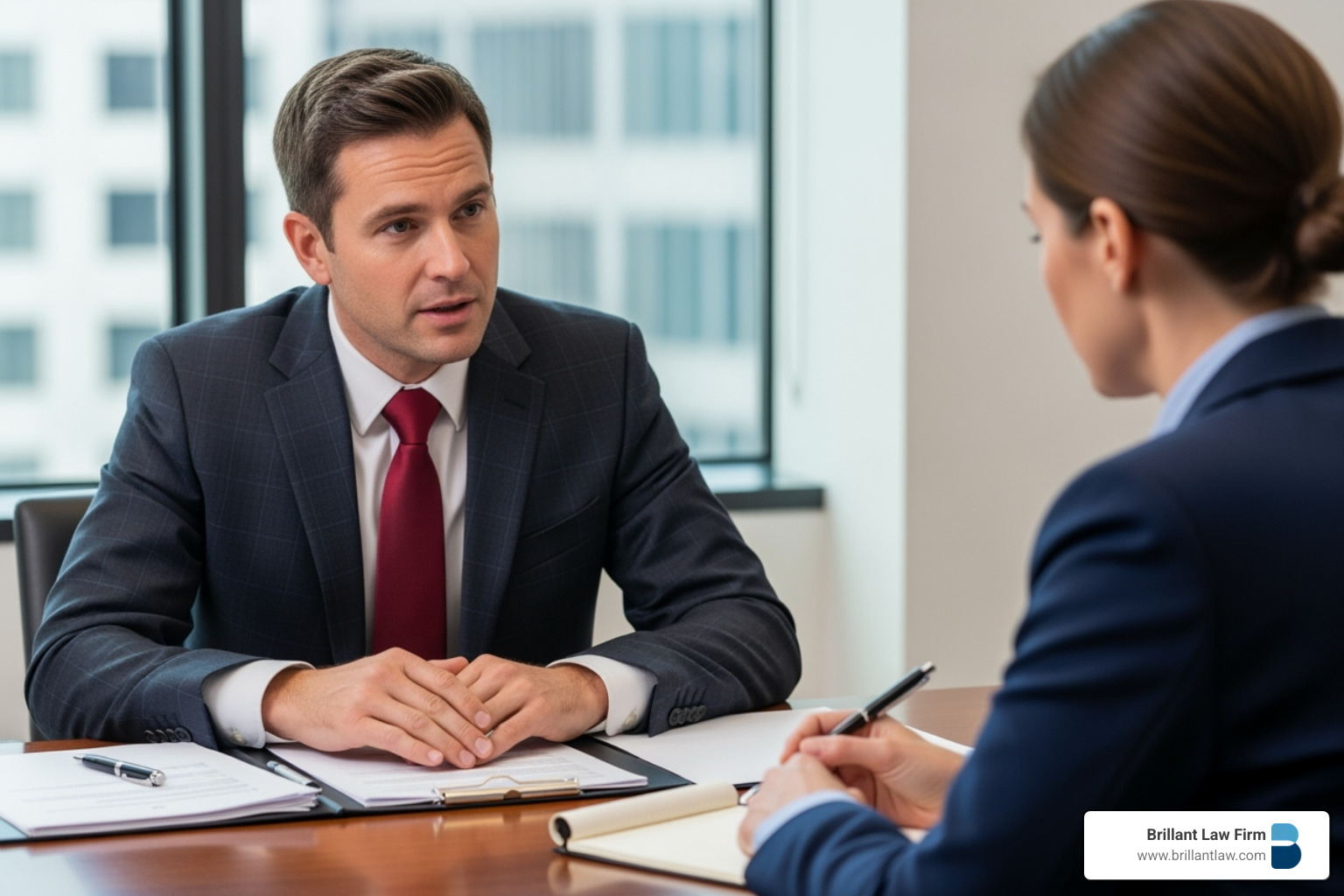 A tax audit lawyer confidently speaks with an IRS agent on behalf of a client, demonstrating professional representation and effective communication.