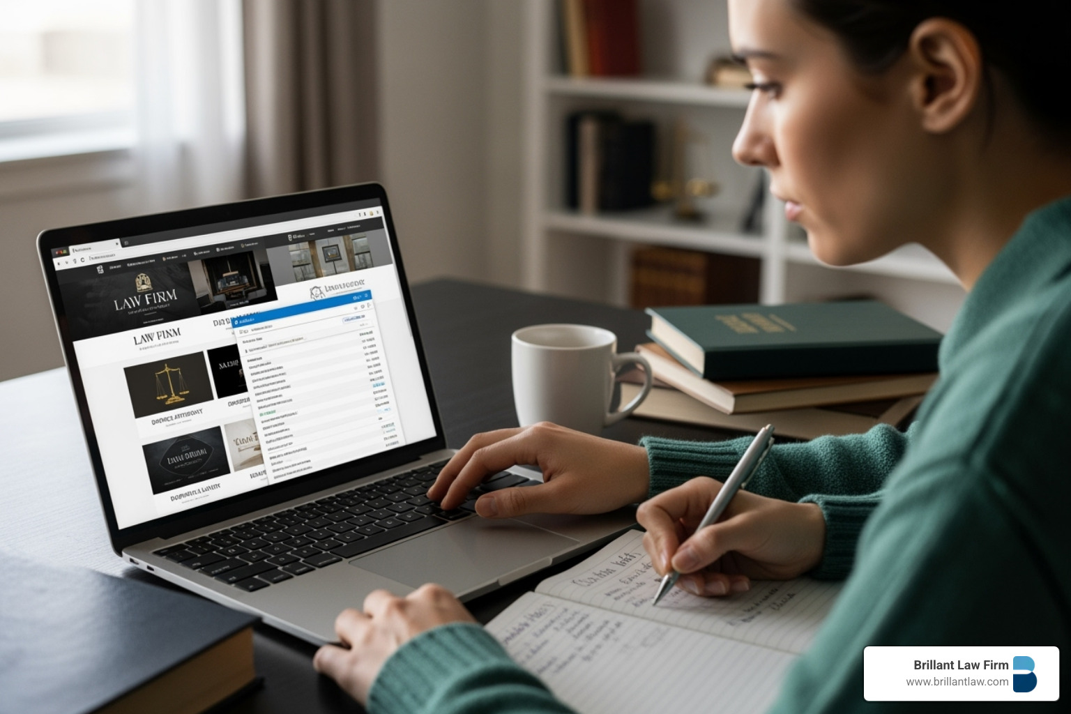 A person researches tax audit lawyers on a laptop, with browser tabs open to various law firm websites, illustrating the process of finding the right attorney online.