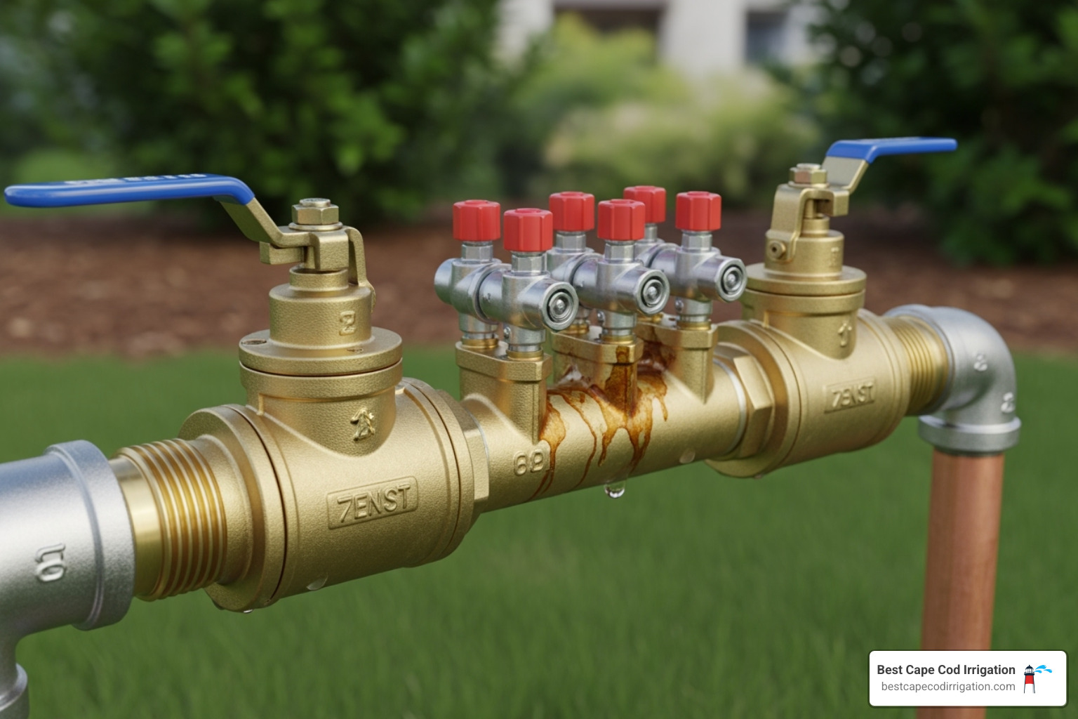 typical backflow preventer with valves labeled - lawn sprinkler system spring startup
