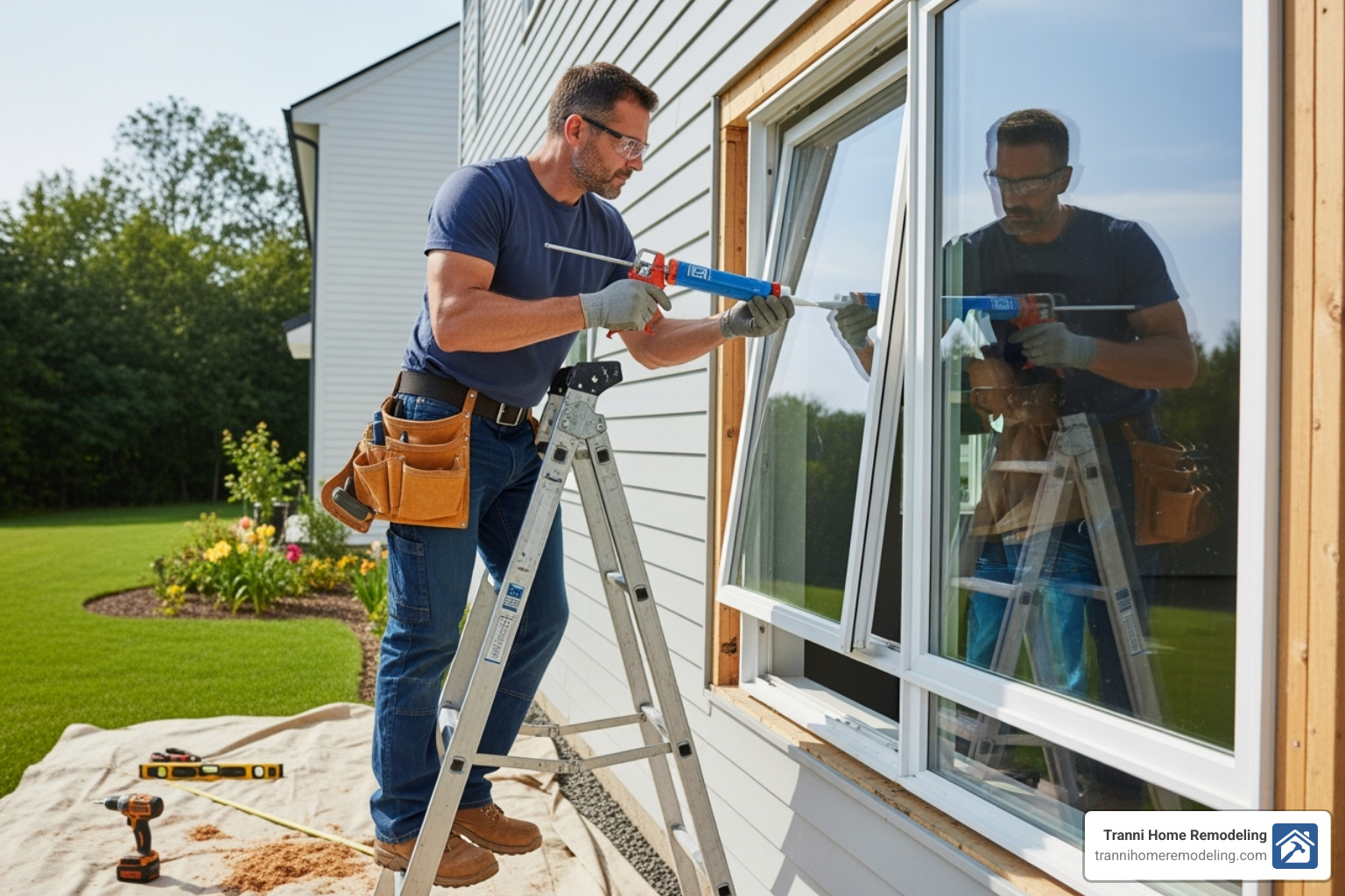 contractor carefully installing a new window - home window installation and repair