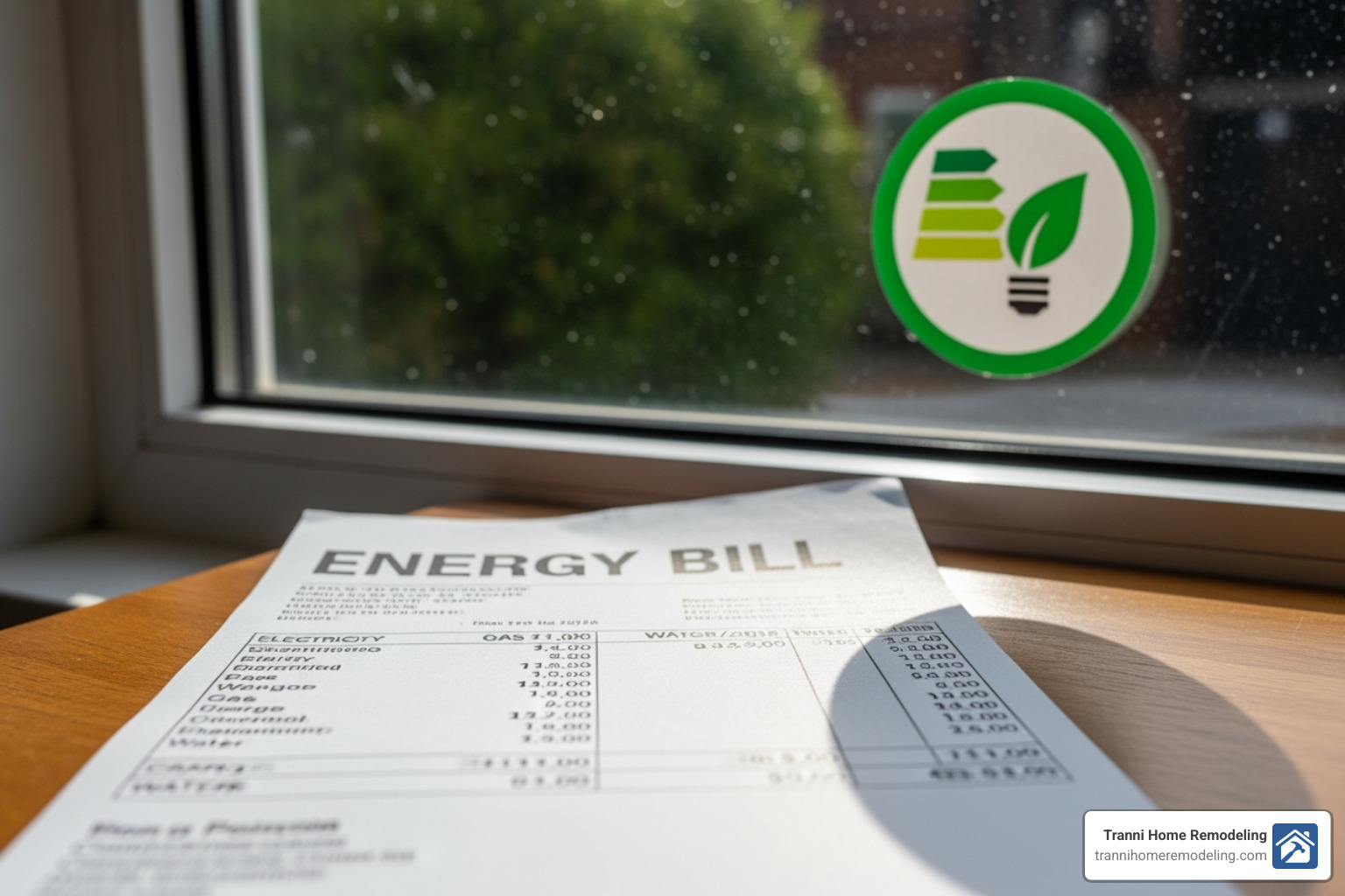 energy bill next to an energy-efficient window sticker - home window installation and repair