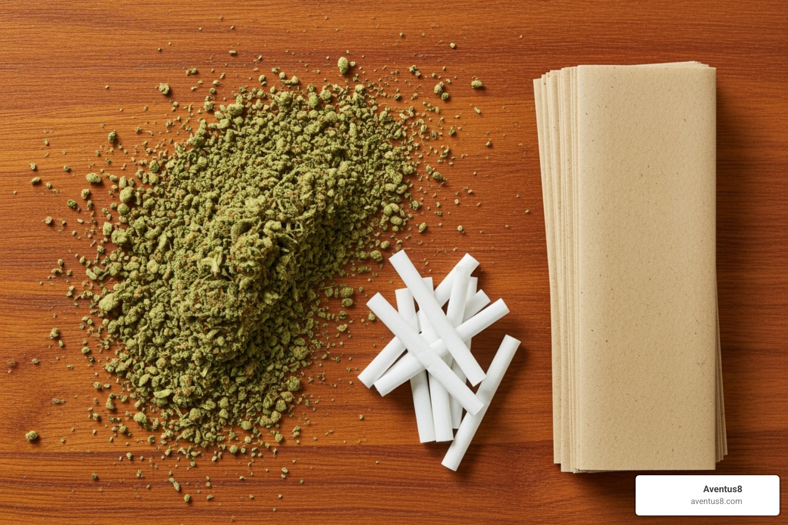 Ground cannabis flower, rolling papers, and filters separately - Pre-rolled cannabis cigarettes