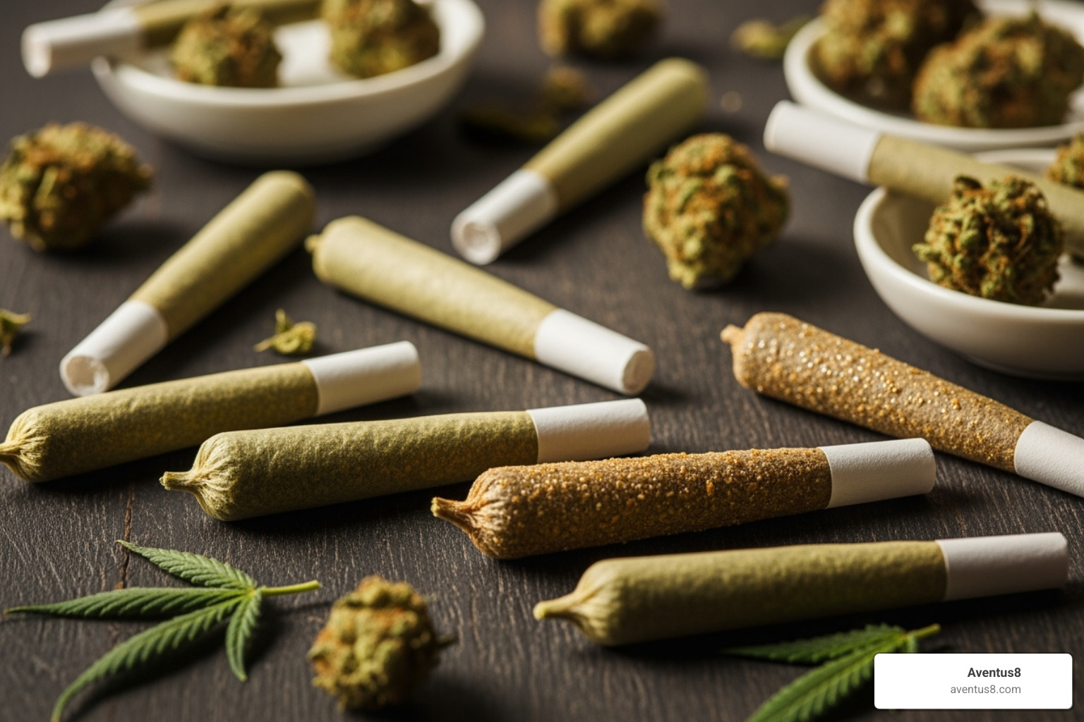 A variety of pre-rolls, including standard, infused, and different sizes - Pre-rolled cannabis cigarettes