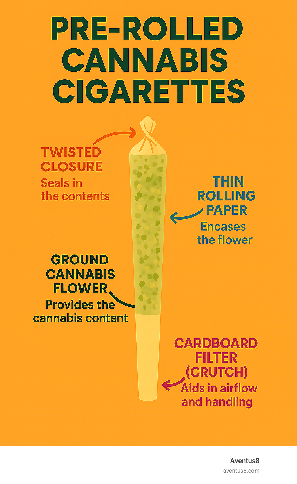 Infographic showing the basic anatomy of a pre-roll with labeled components: ground cannabis flower in the center, thin rolling paper wrapper, twisted closure at the top, and cardboard filter or crutch at the bottom, with arrows pointing to each component and brief descriptions of their functions - Pre-rolled cannabis cigarettes infographic 
