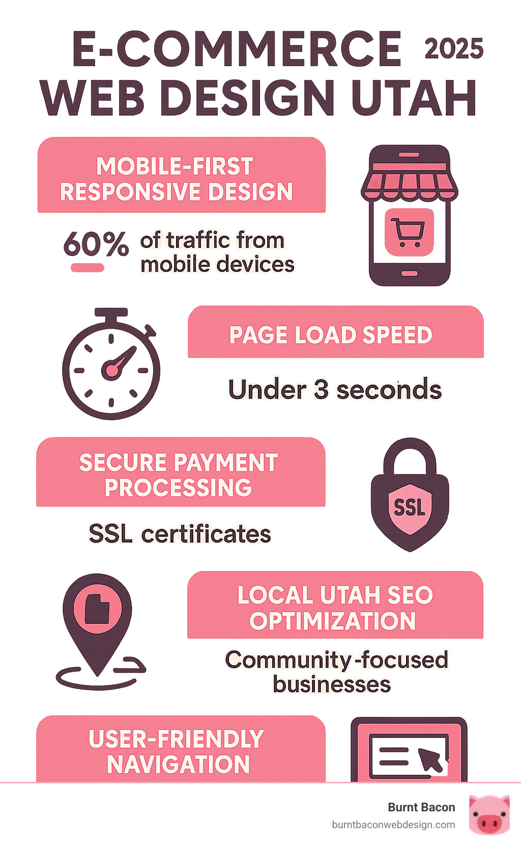 Infographic showing key elements of high-converting Utah e-commerce websites: mobile-first responsive design with 60% of traffic from mobile devices, page load speed under 3 seconds for optimal conversion rates, secure payment processing with SSL certificates, local Utah SEO optimization for community-focused businesses, and user-friendly navigation with clear calls-to-action - ecommerce web design utah infographic 