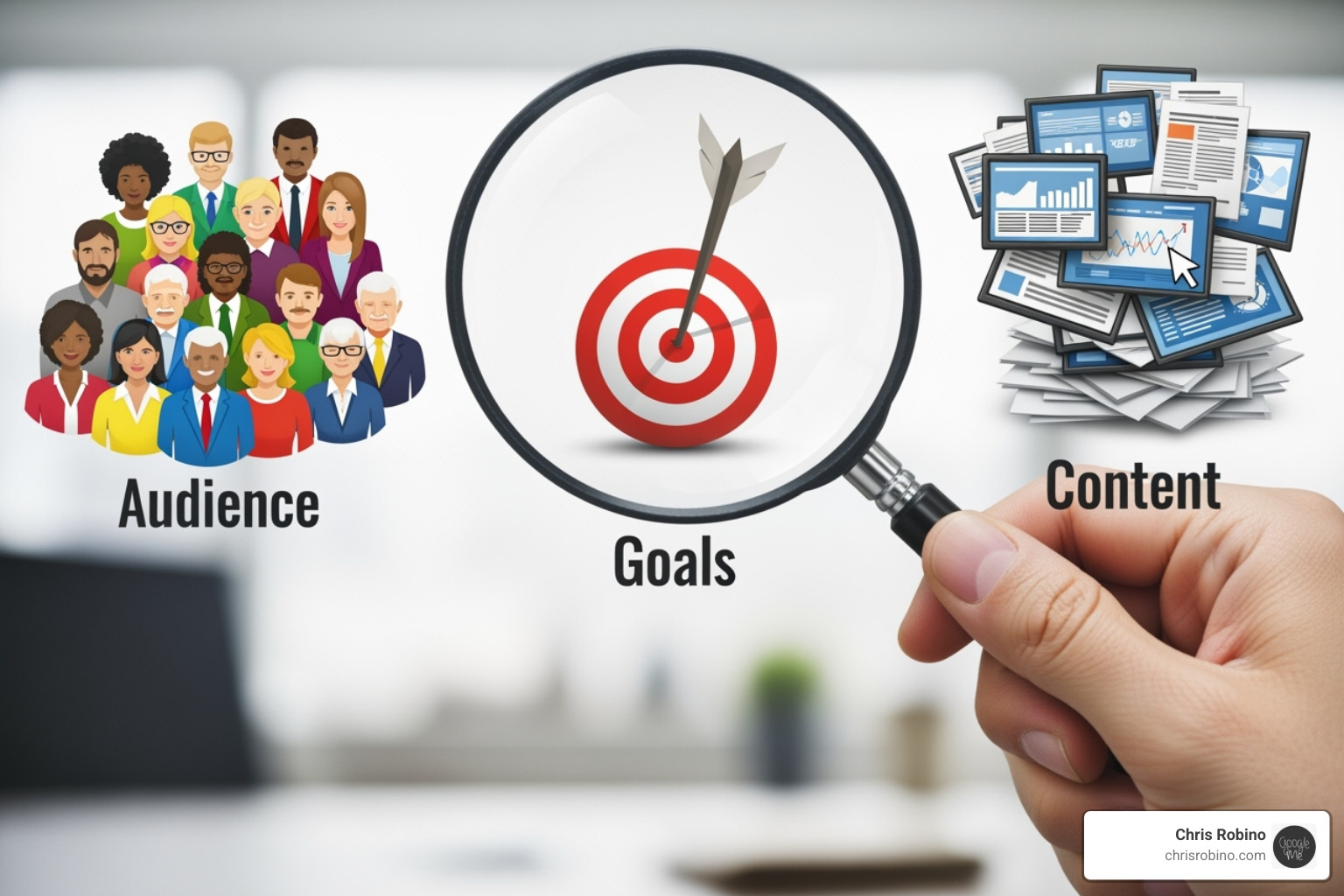 magnifying glass over "Audience," "Goals," and "Content." - content strategy consulting