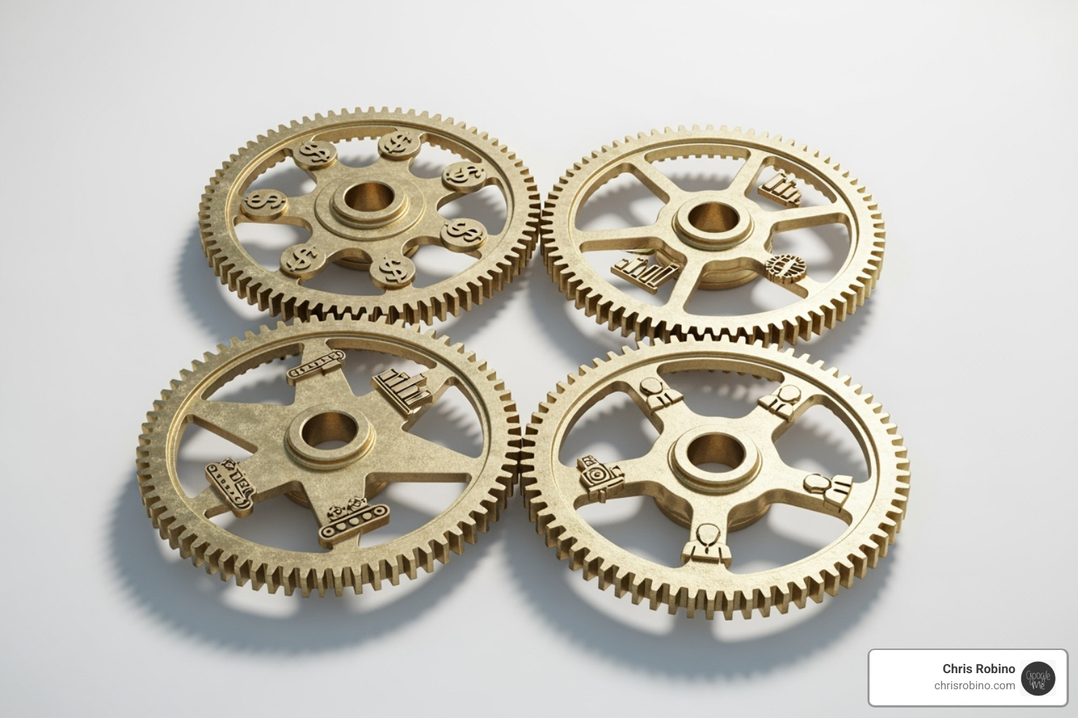 interlocking gears labeled "Strategy," "SEO," "Content," and "Sales." - content strategy consulting