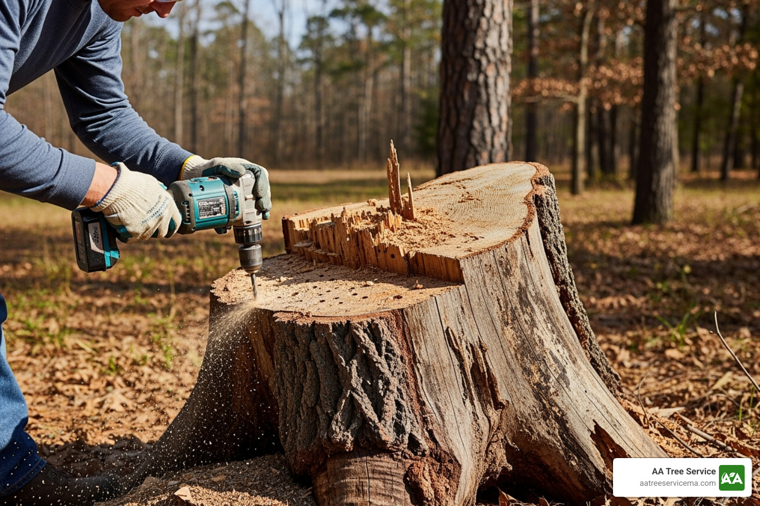 person drilling holes into a tree stump with proper safety gear - saltpeter for stump removal person drilling holes into a tree stump with proper safety gear - saltpeter for stump removal