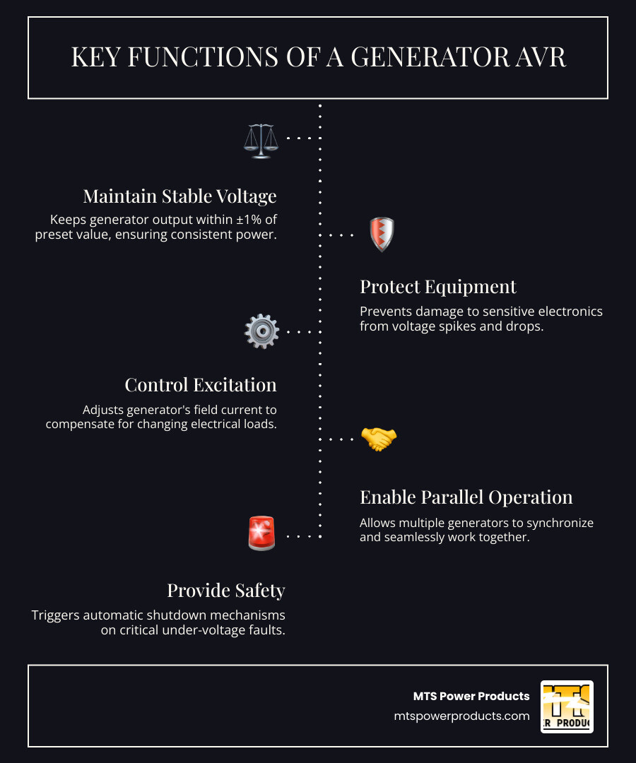 Infographic showing voltage regulation process from unstable generator output through AVR processing to stable, consistent power delivery to connected equipment - automatic voltage regulator for generator infographic infographic-line-5-steps-dark