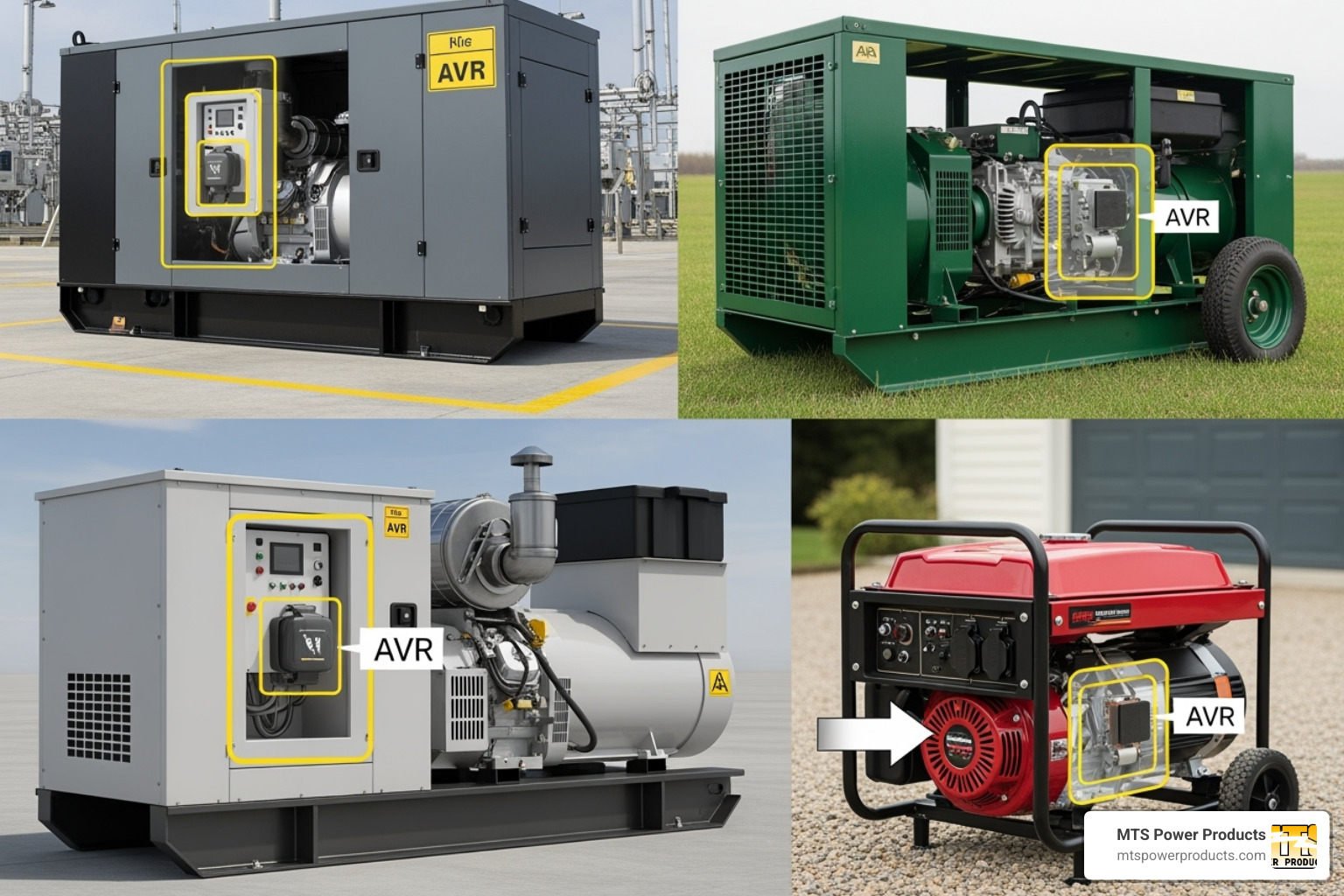 Image showing the three common locations of an AVR in different generator types - automatic voltage regulator for generator