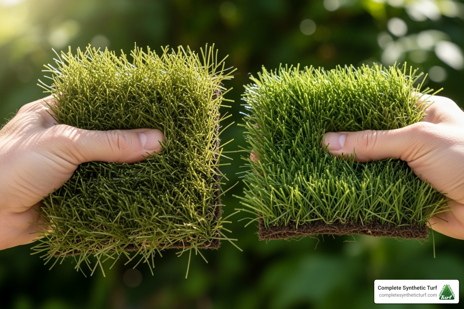 A person comparing different artificial grass samples - artificial lawn rolls