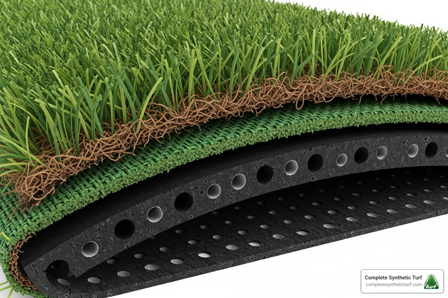 Cross-section of an artificial turf roll showing the different layers - artificial lawn rolls