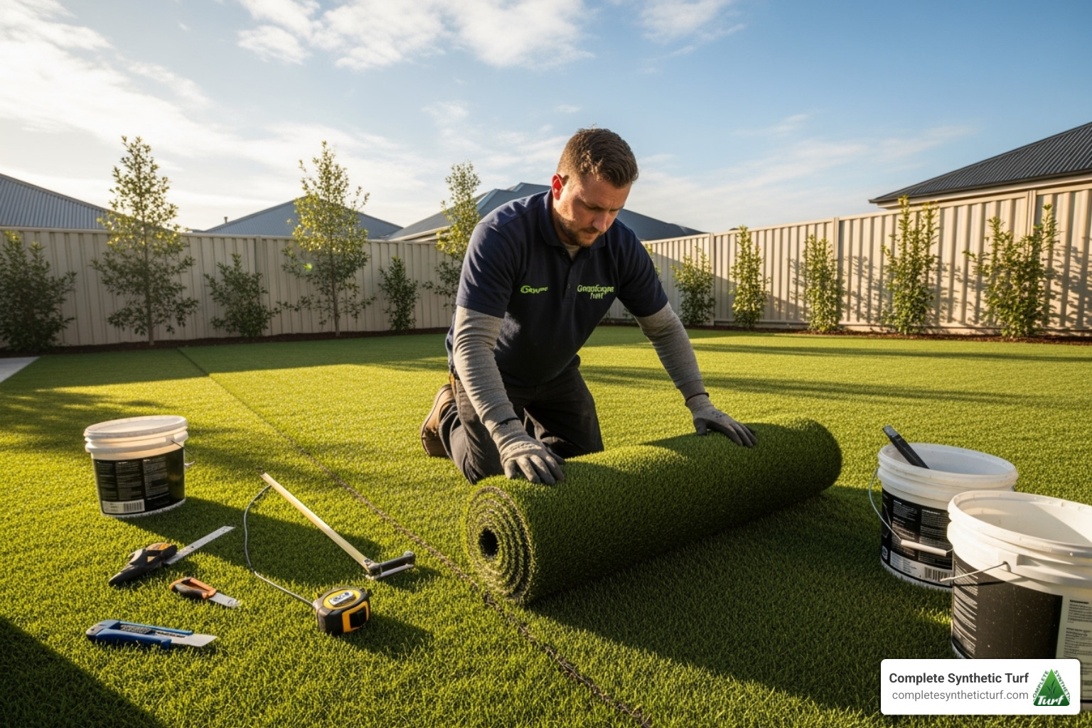A professional installing an artificial lawn roll - artificial lawn rolls