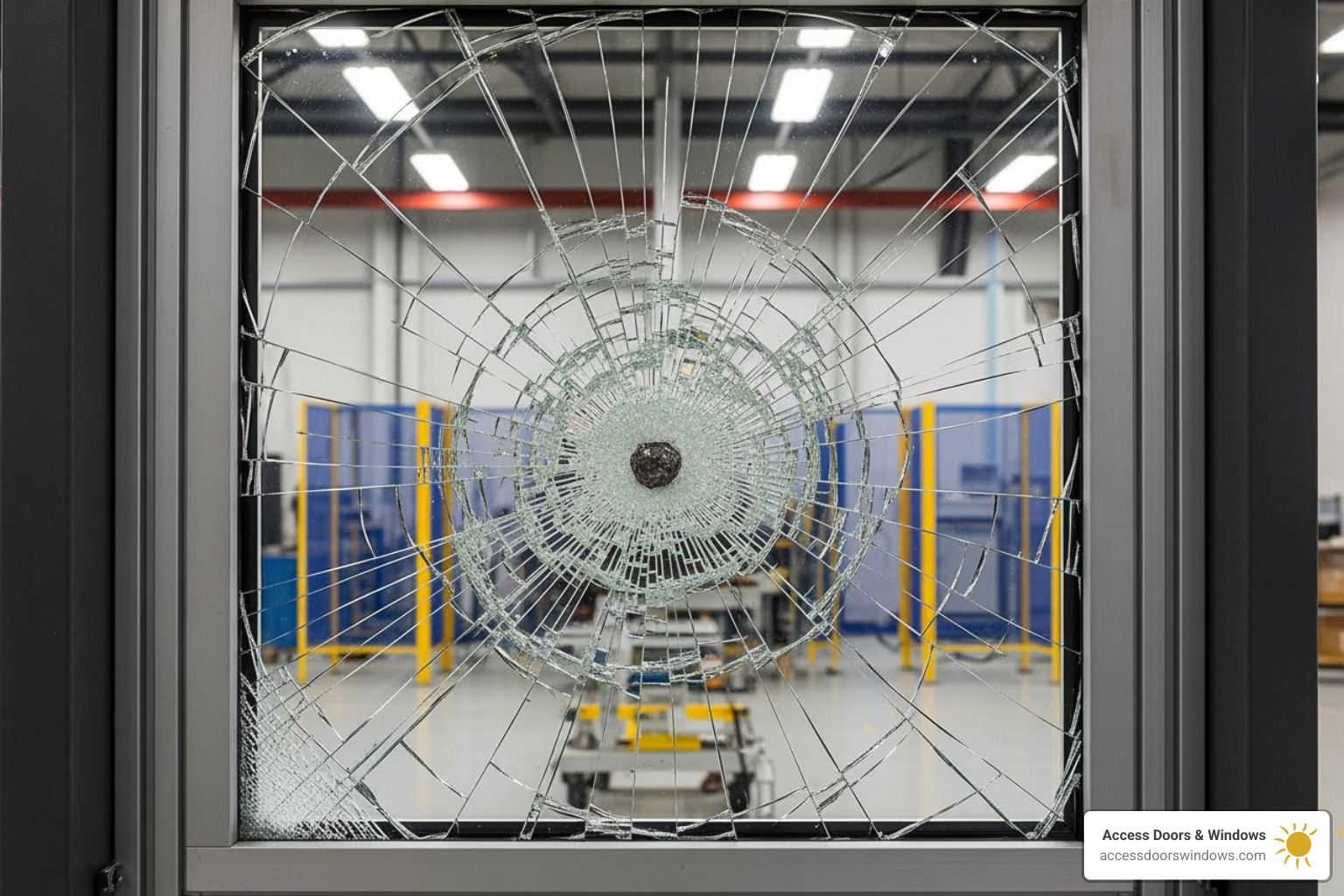 a shattered but intact impact window after an impact test - Hurricane impact windows Florida