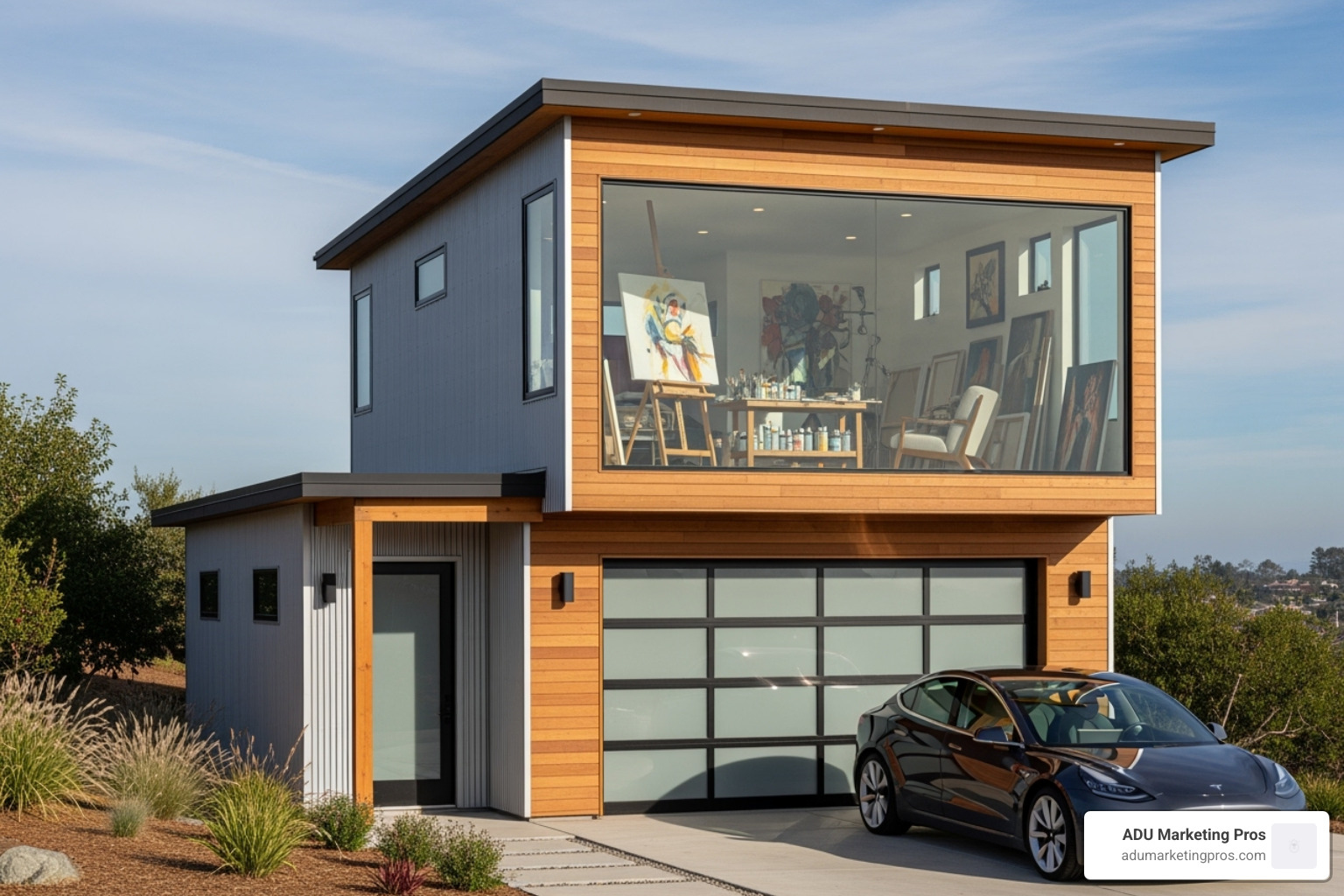 prefab ADU garage being used as a home art studio with a car parked below - prefab adu with garage