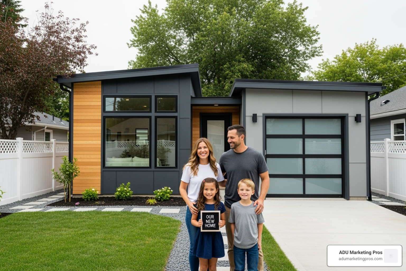 happy family standing in front of their new prefab ADU with a garage - prefab adu with garage